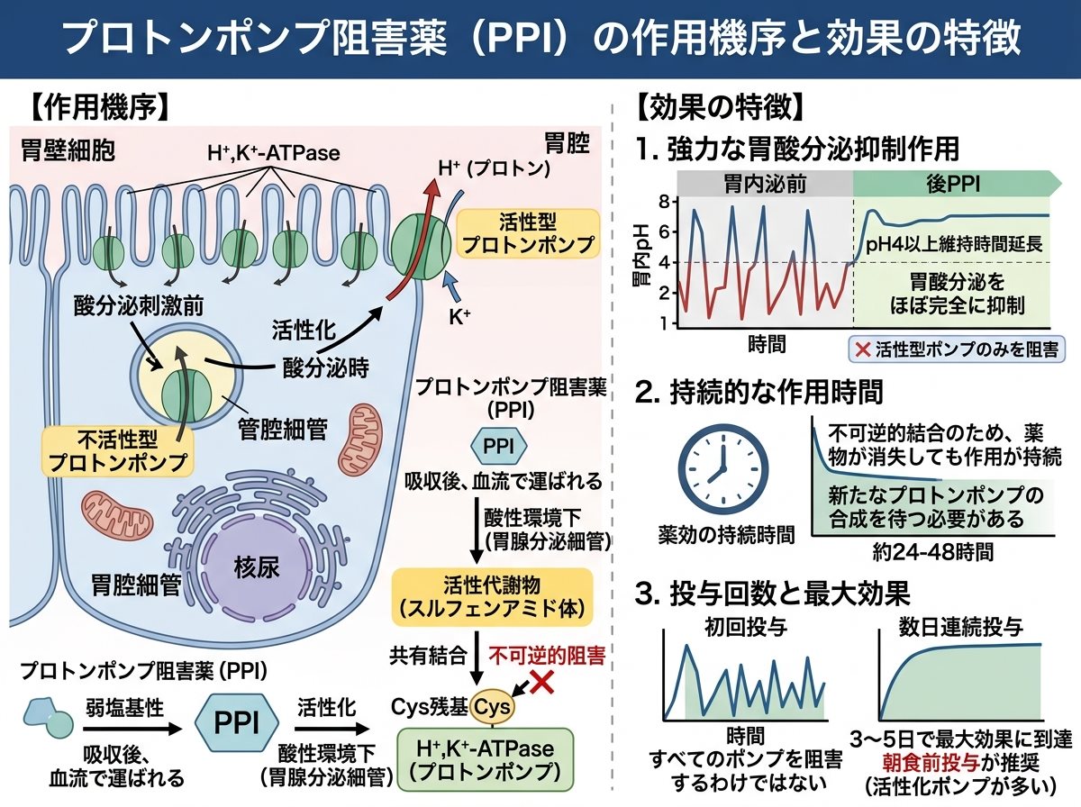 プロトンポンプ阻害薬の作用機序と効果の特徴