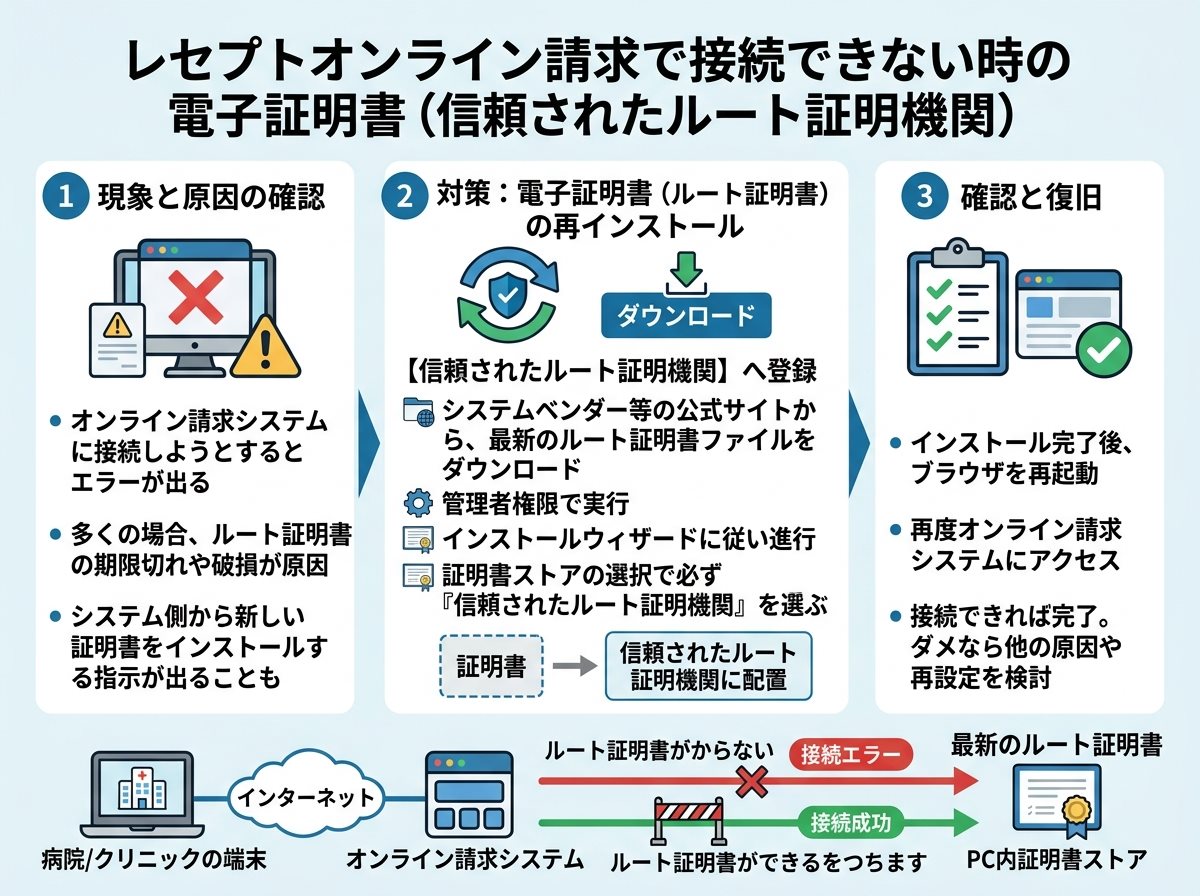 レセプトオンライン請求で接続できない時の電子証明書（信頼されたルート証明機関）