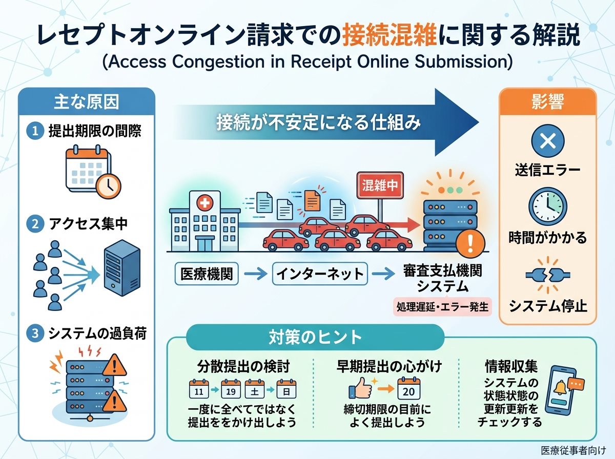 レセプトオンライン請求で接続できない混雑（提出期限・アクセス集中）