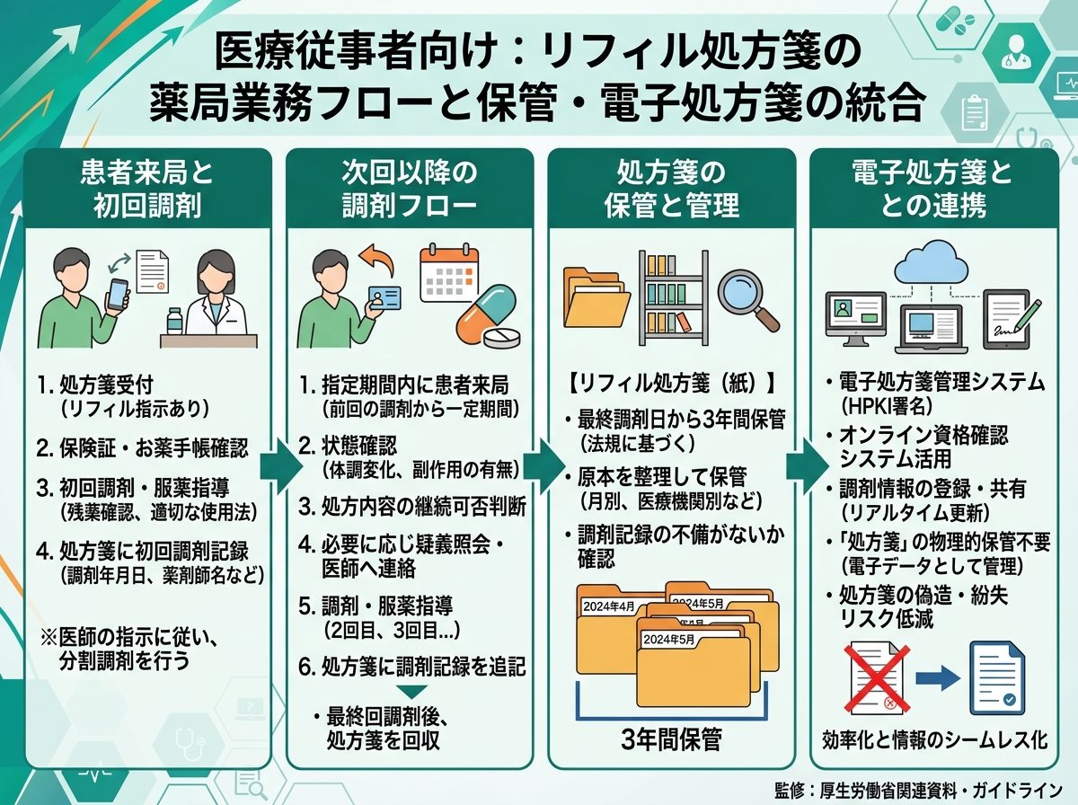 リフィル処方箋の薬局の流れと処方箋の保管・電子処方箋