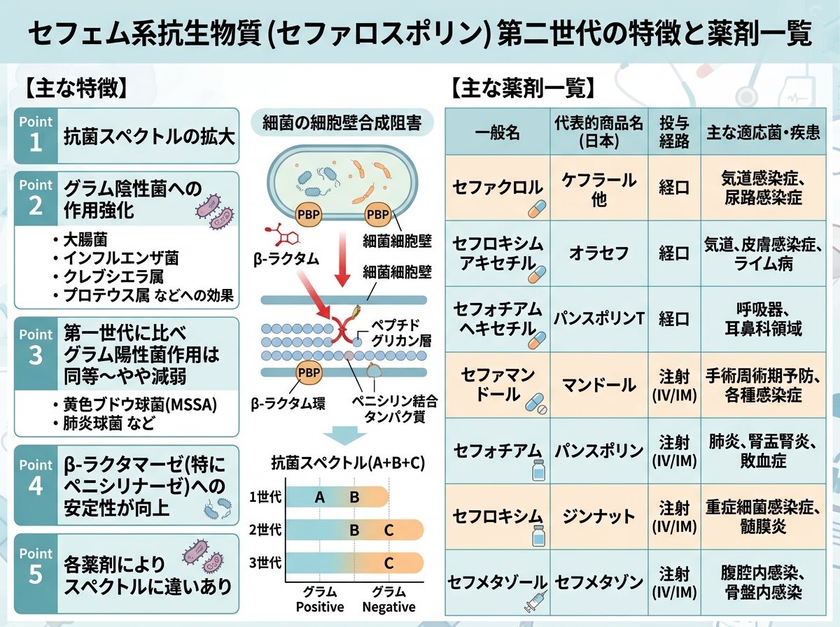 セフェム系抗生物質第二世代の特徴と薬剤一覧