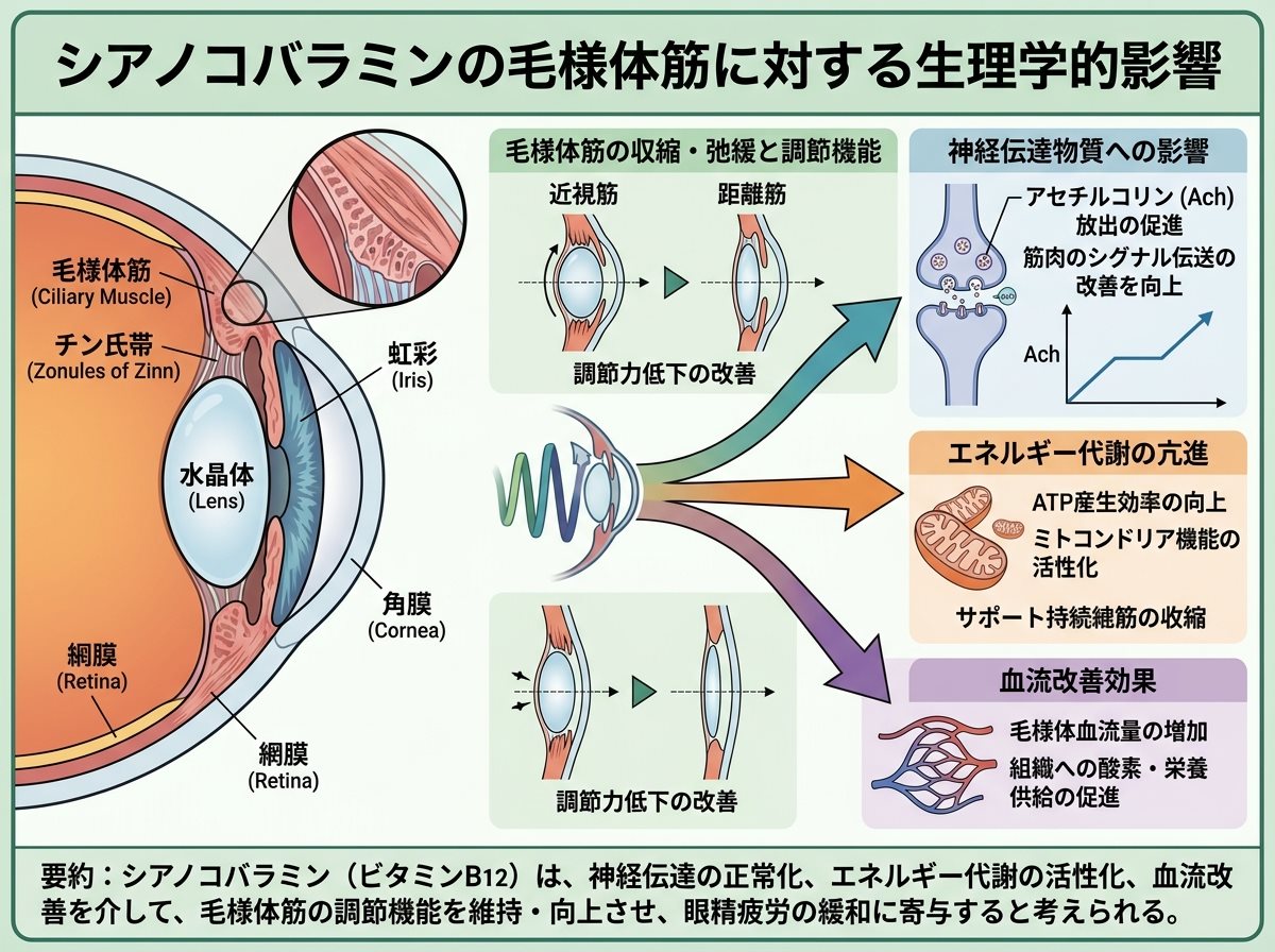 シアノコバラミンの毛様体筋に対する生理学的影響