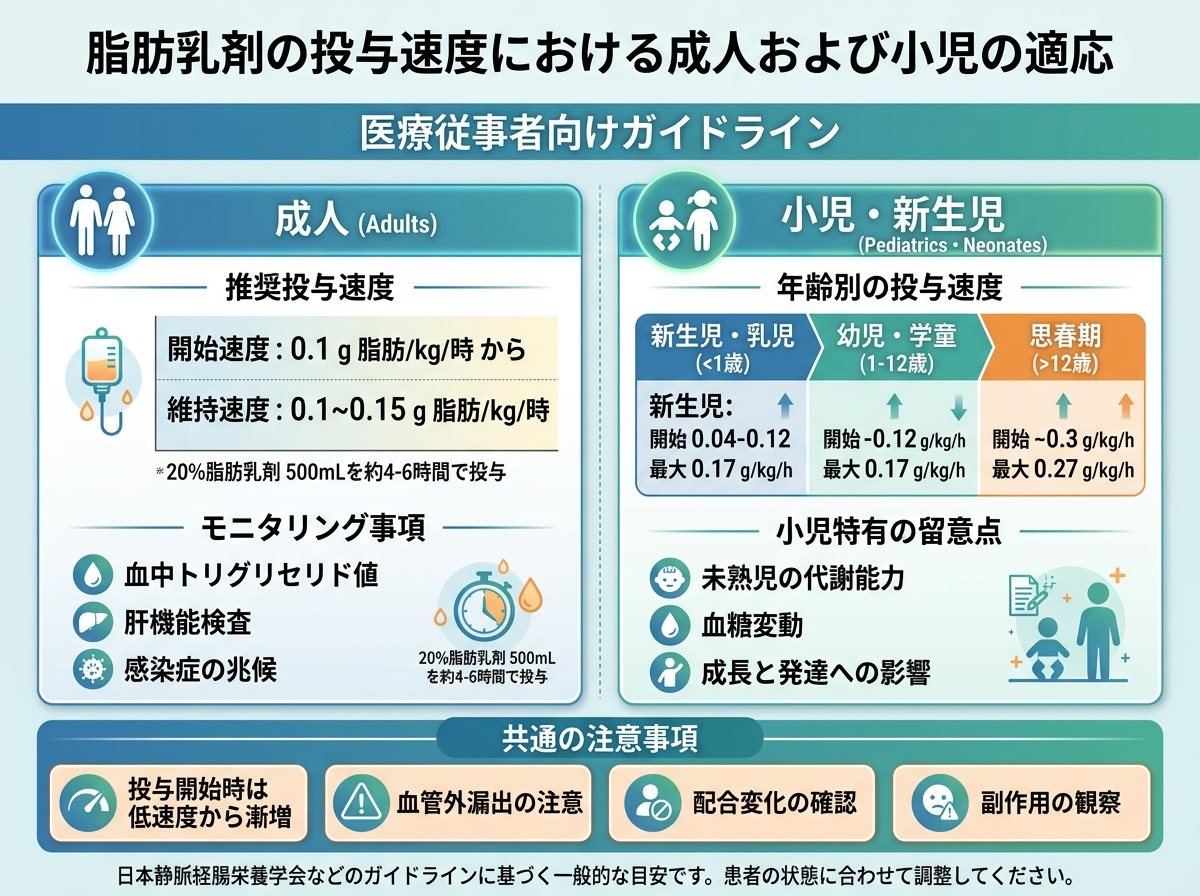 脂肪乳剤の投与速度における成人および小児の適応
