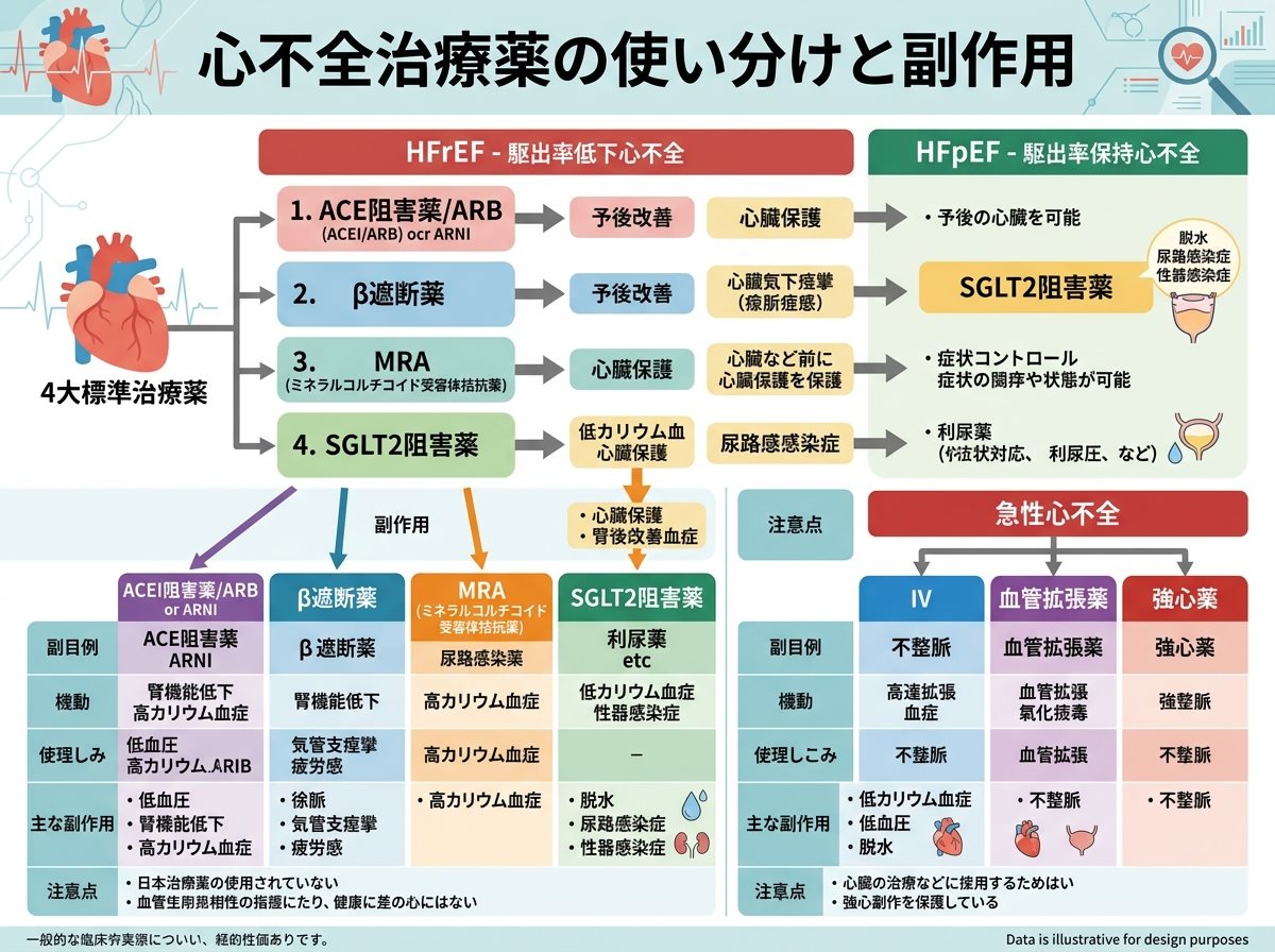 心不全の治療薬の使い分けと副作用