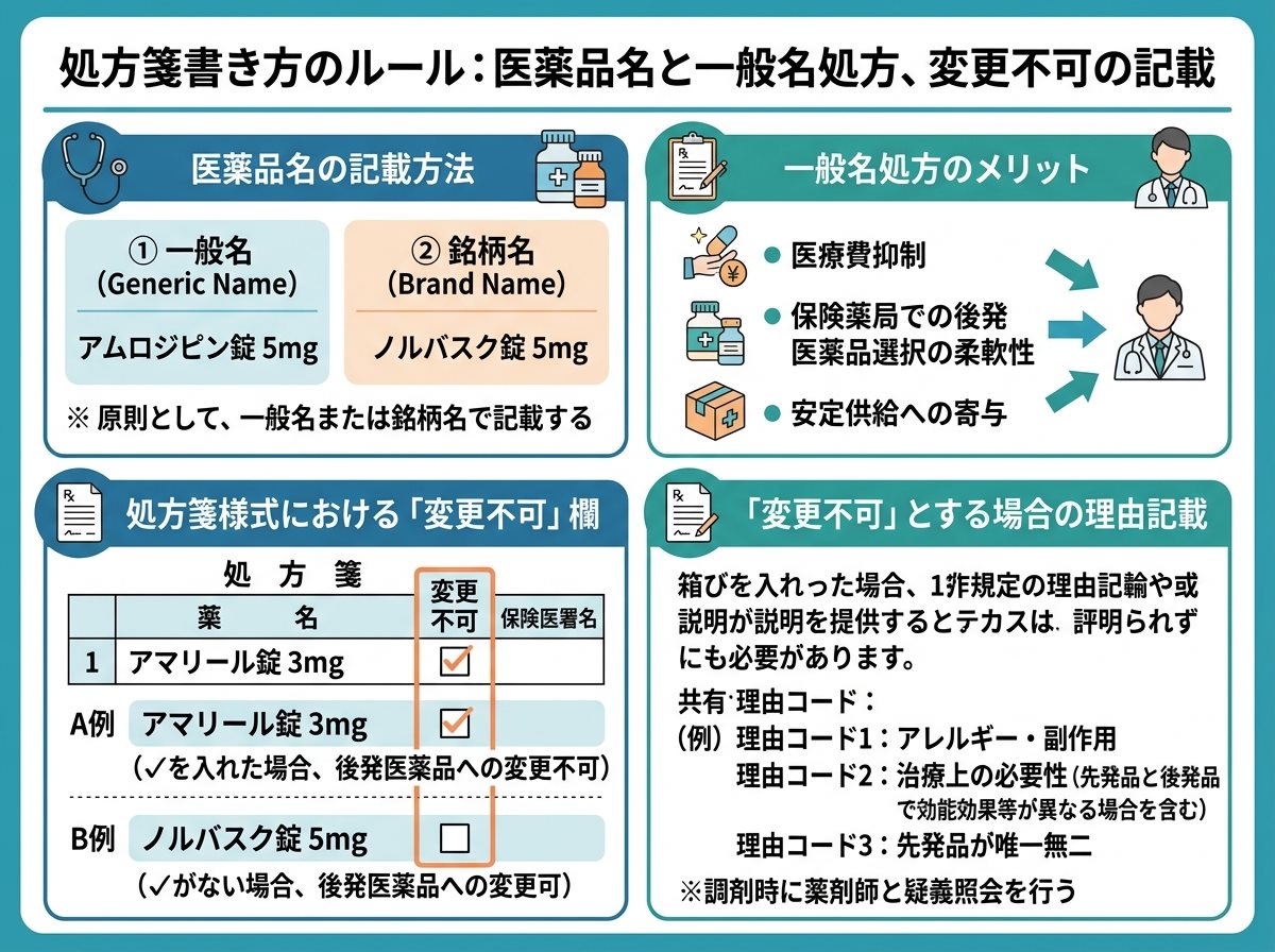 処方箋書き方の医薬品名と一般名処方と変更不可
