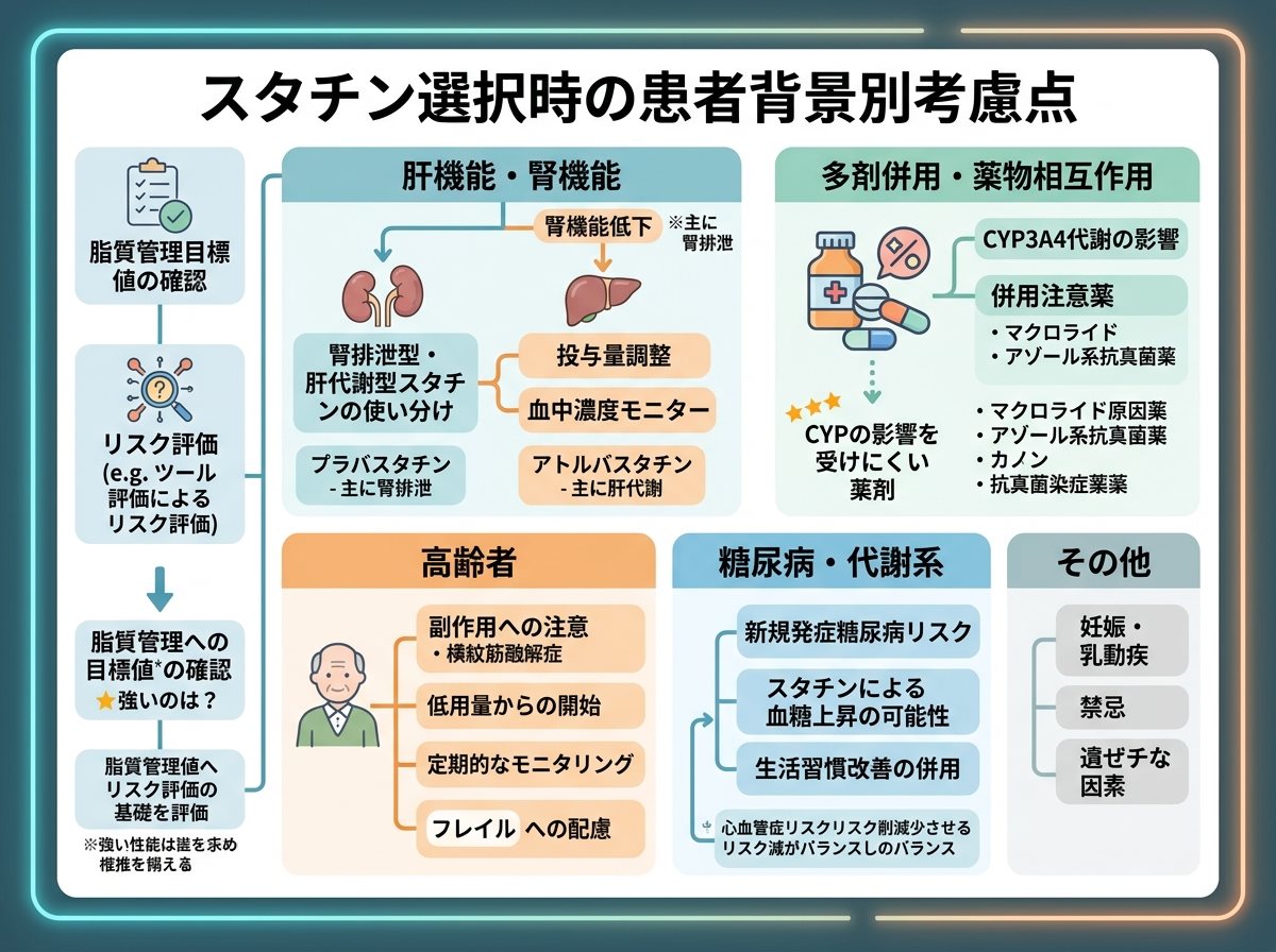 スタチン選択時の患者背景別考慮点