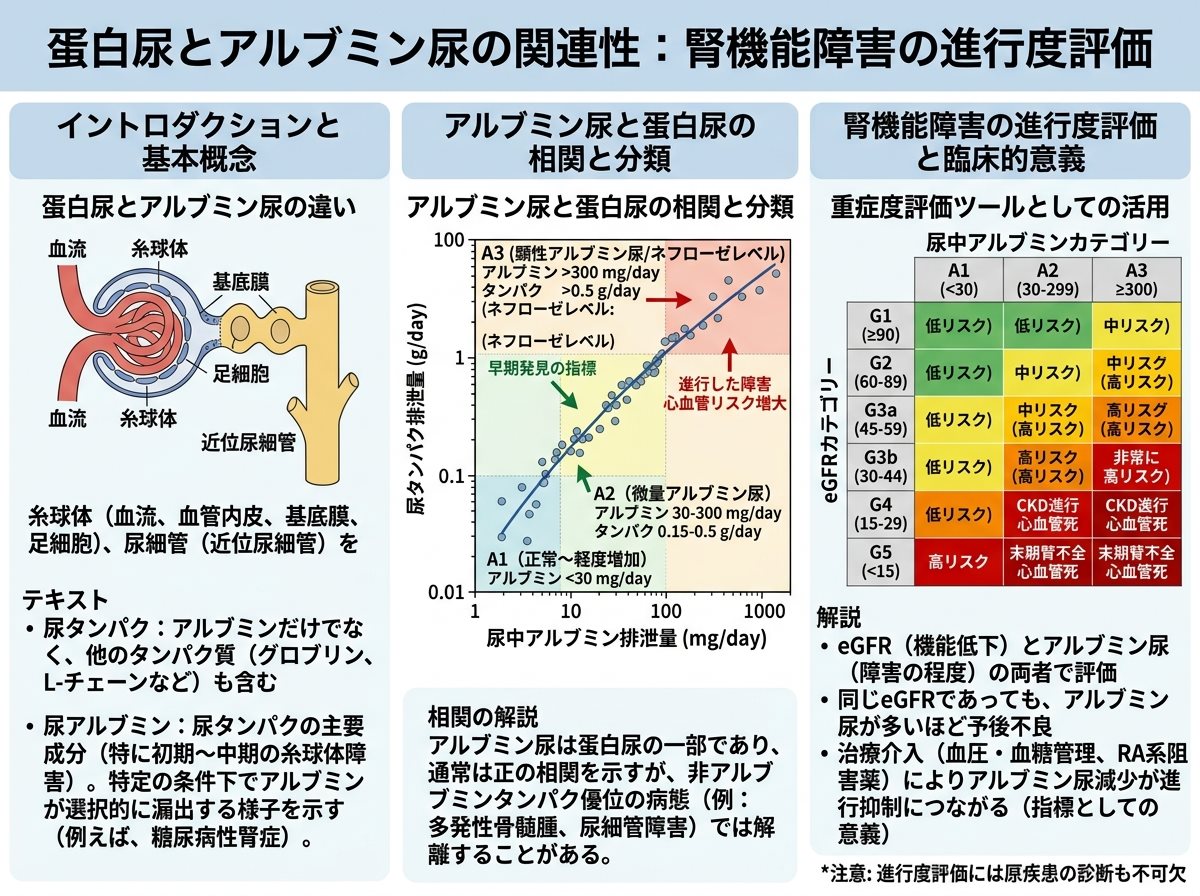 蛋白尿とアルブミン尿の関連性:腎機能障害の進行度評価