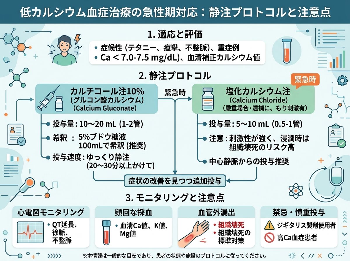 低カルシウム血症治療の急性期対応：静注プロトコルと注意点