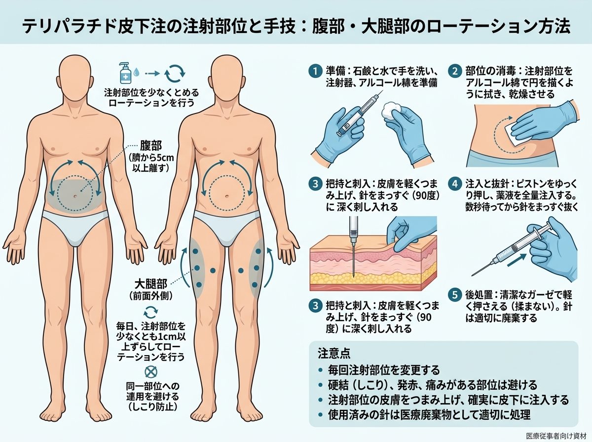 テリパラチド皮下注の注射部位と手技：腹部・大腿部のローテーション方法