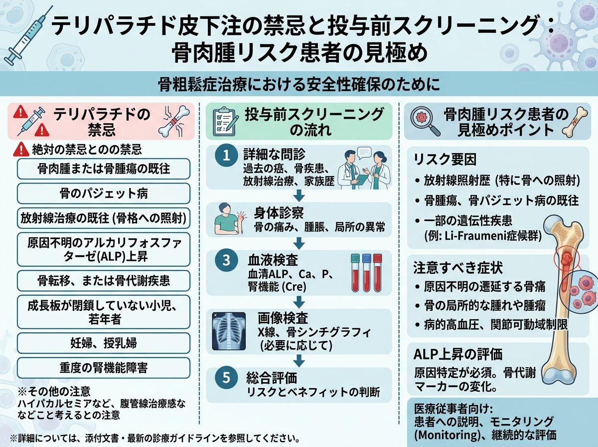 テリパラチド皮下注の禁忌と投与前スクリーニング：骨肉腫リスク患者の見極め
