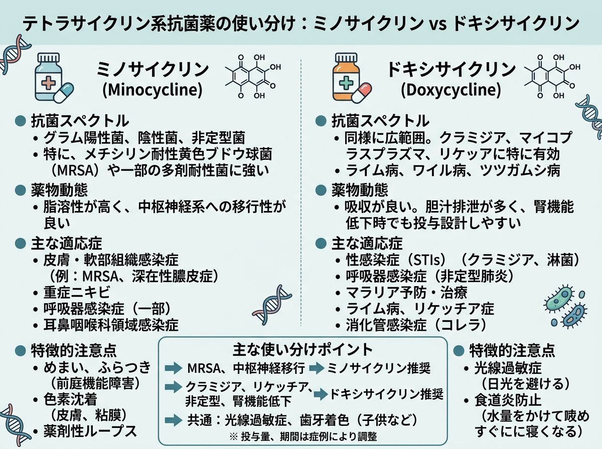 テトラサイクリン系のミノサイクリンとドキシサイクリンの使い分け
