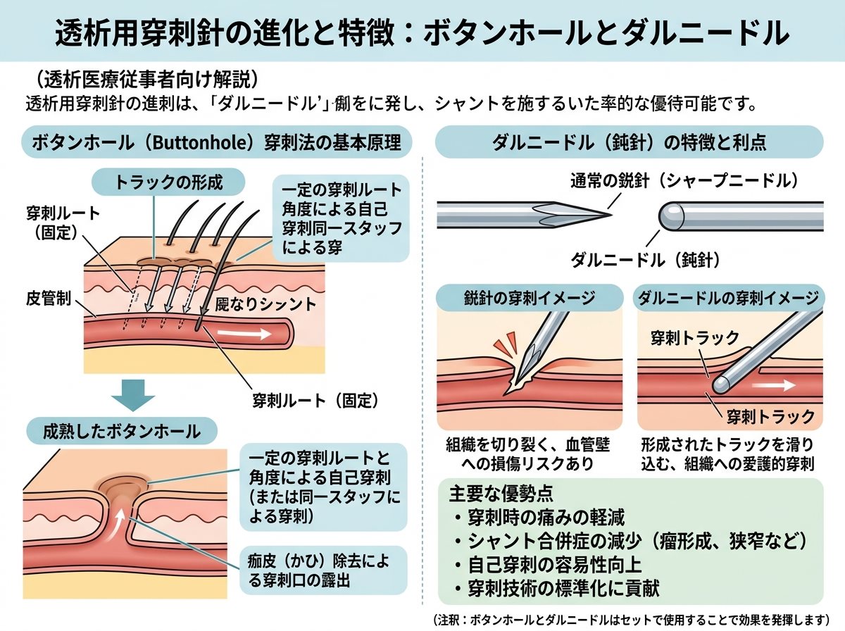 透析用穿刺針 特徴：ボタンホールとダルニードル