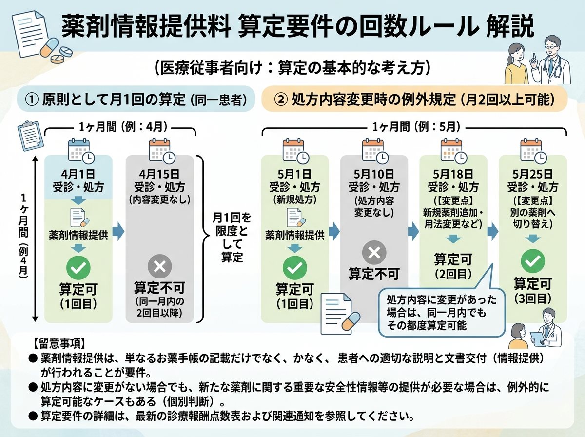 薬剤情報提供料 算定要件の回数ルール(月1回・変更時その都度)