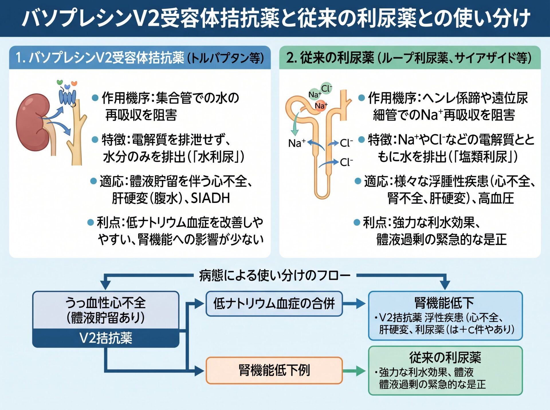 バソプレシンV2受容体拮抗薬と従来の利尿薬との使い分け