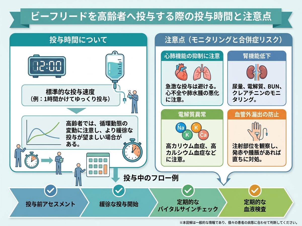 ビーフリードを高齢者へ投与する際の投与時間と注意点