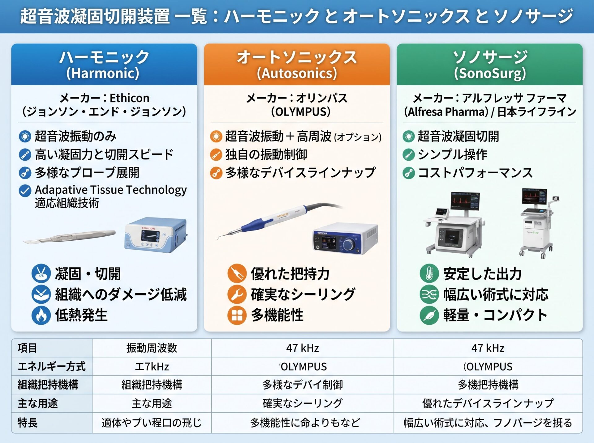 超音波凝固切開装置 一覧：ハーモニック と オートソニックス と ソノサージ