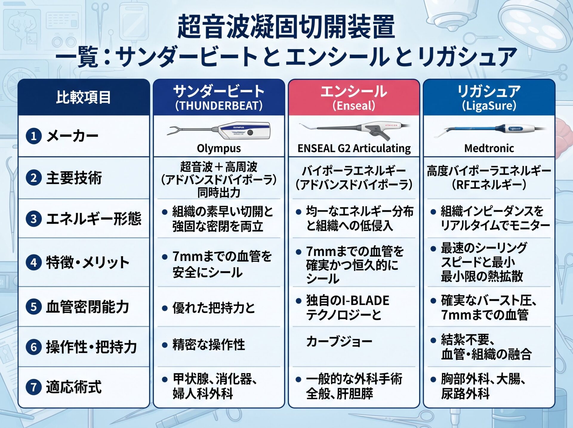 超音波凝固切開装置 一覧：サンダービート と エンシール と リガシュア