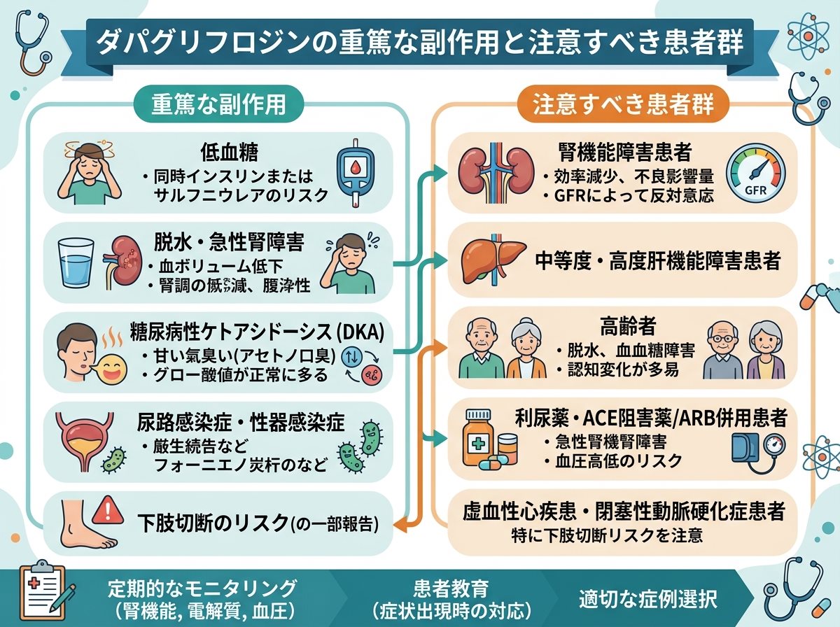 ダパグリフロジンの重篤な副作用と注意すべき患者群
