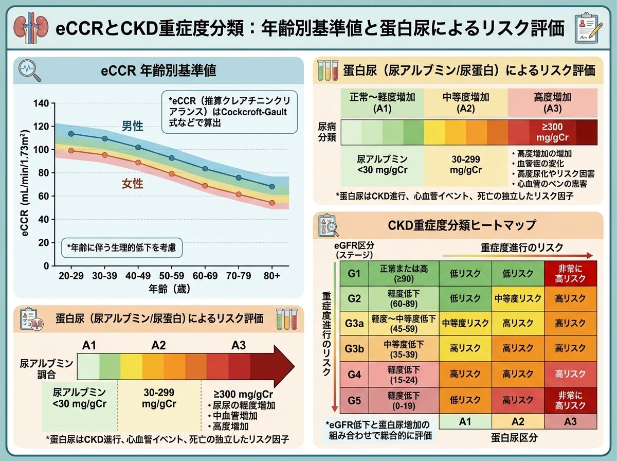 eCCRとCKD重症度分類：年齢別基準値と蛋白尿によるリスク評価