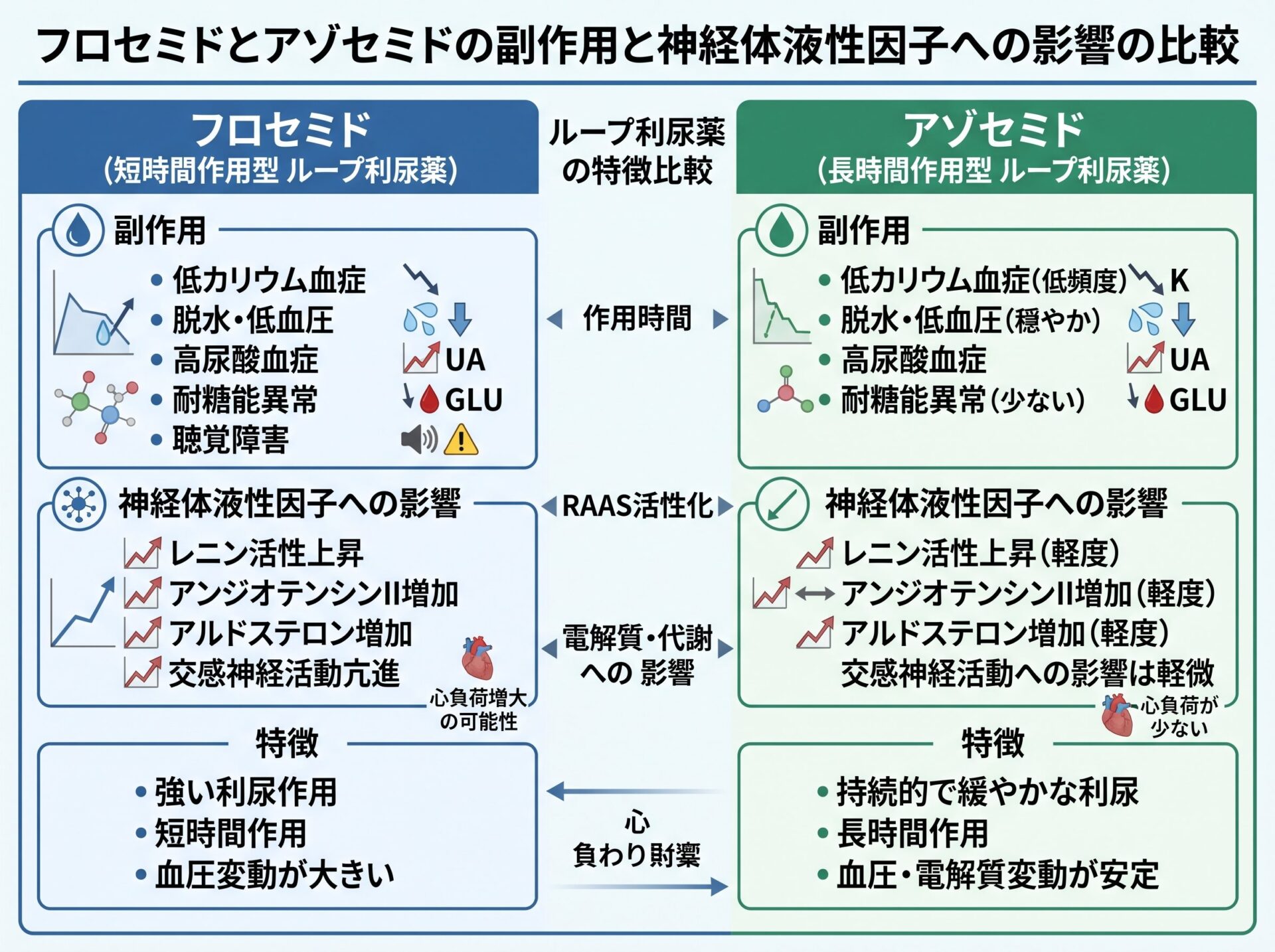 フロセミドとアゾセミドの副作用と神経体液性因子への影響