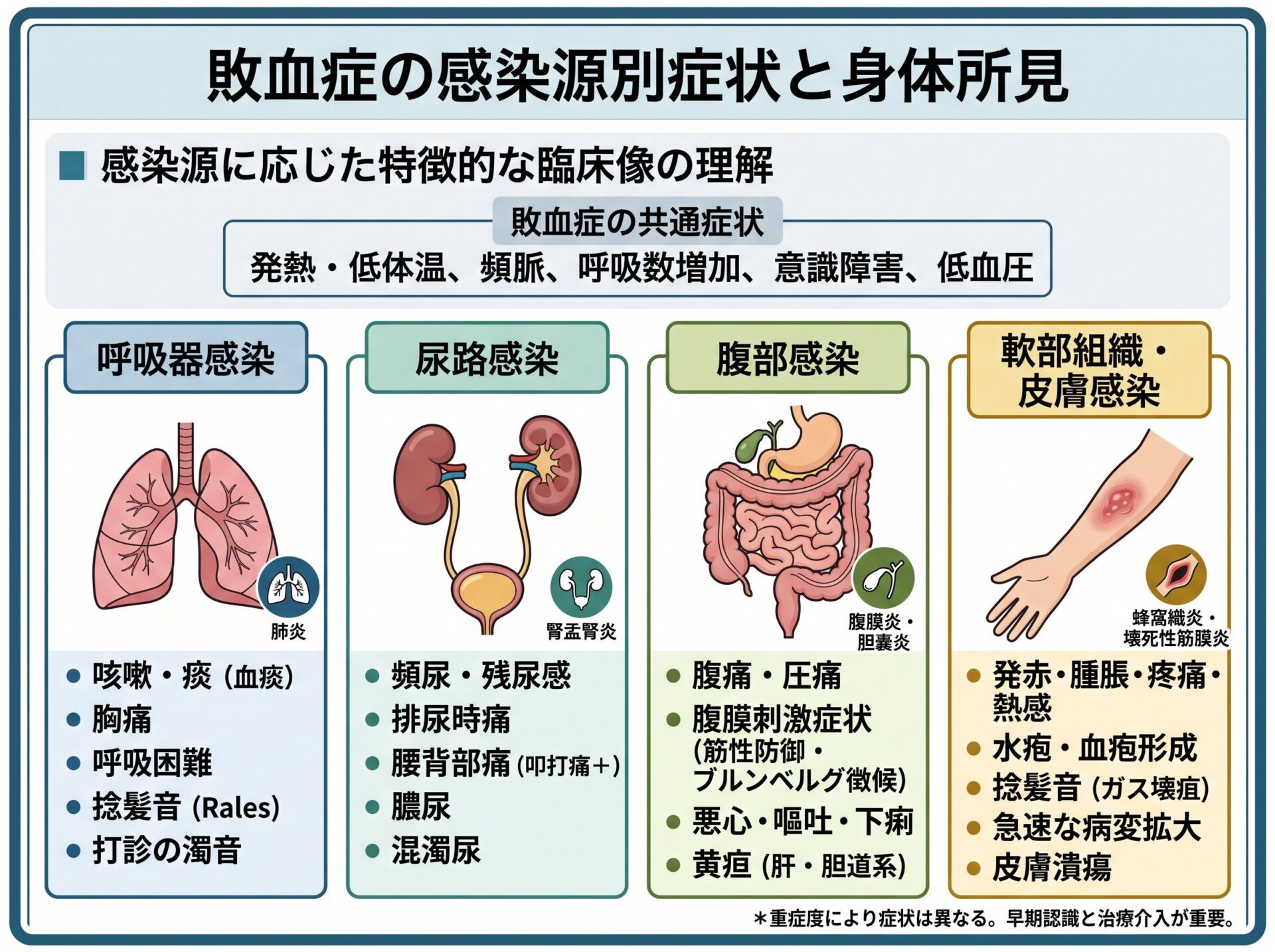 敗血症の感染源別症状と身体所見