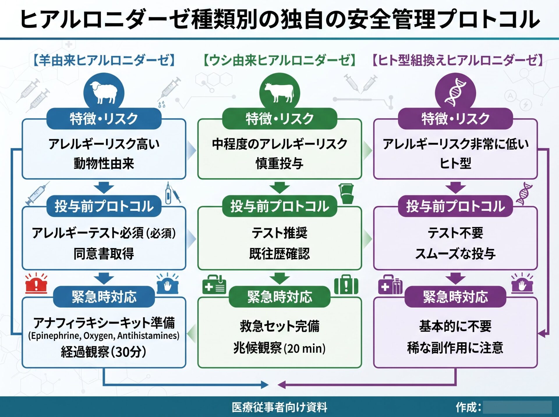 ヒアルロニダーゼ種類別の独自の安全管理プロトコル