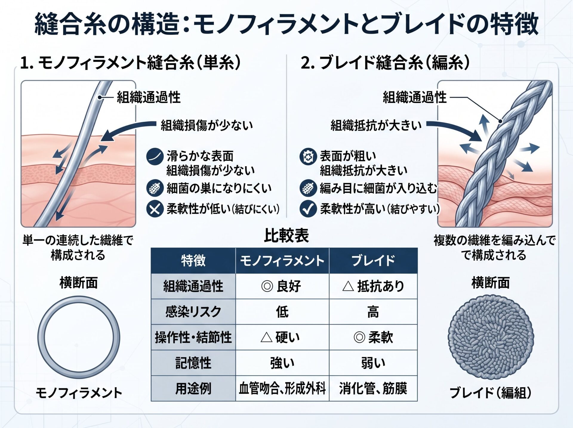 縫合糸の構造：モノフィラメントとブレイドの特徴