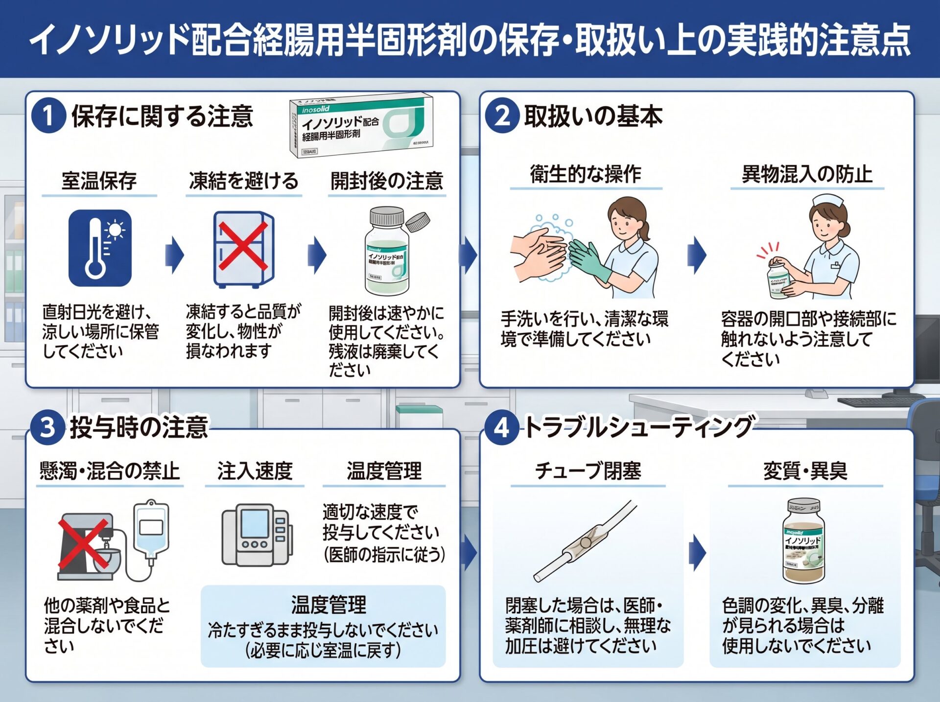 イノソリッド配合経腸用半固形剤の保存・取扱い上の実践的注意点