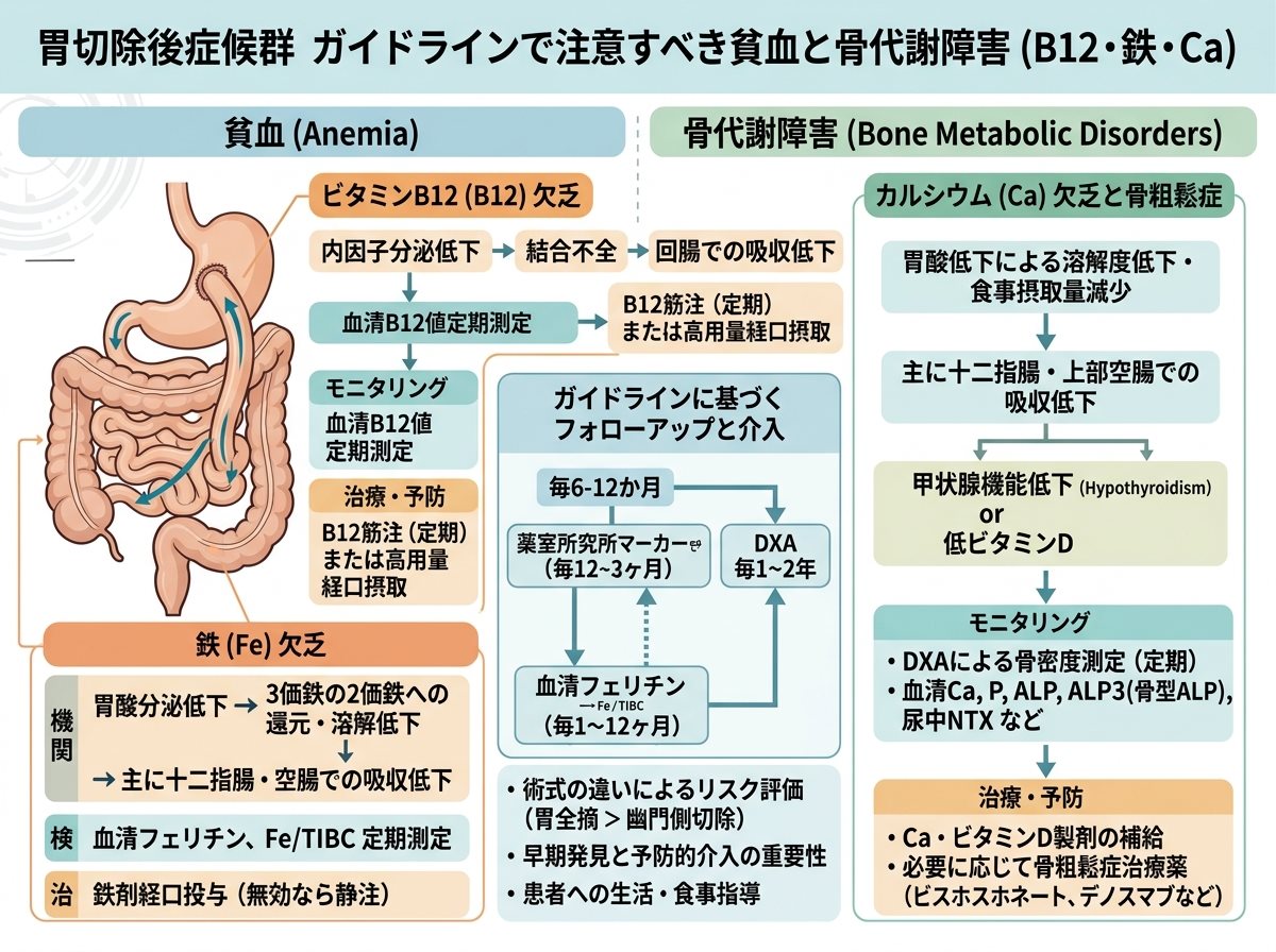 胃切除後症候群 ガイドラインで注意すべき貧血と骨代謝障害（B12・鉄・Ca）