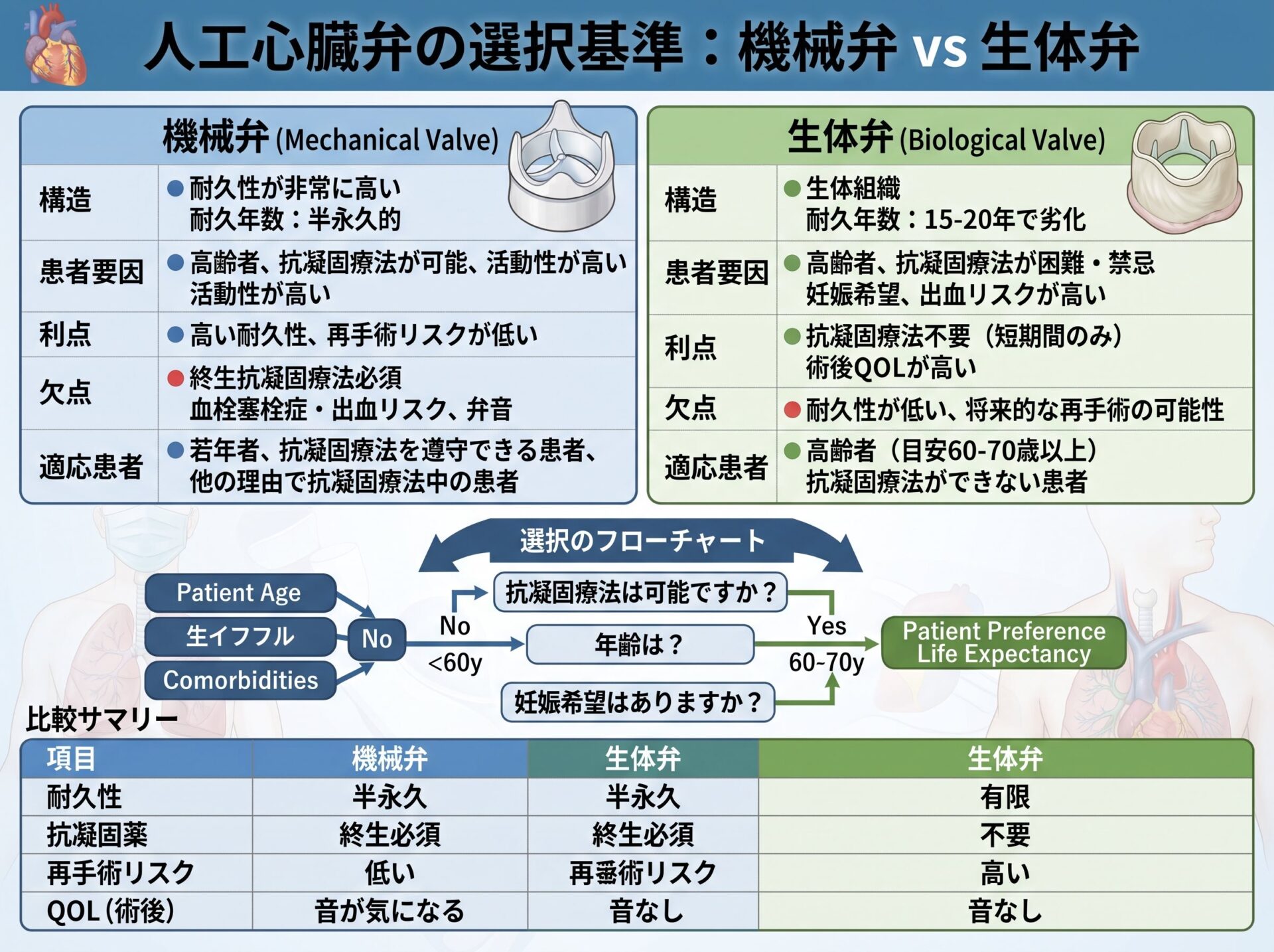 人工心臓弁の機械弁と生体弁の選択基準
