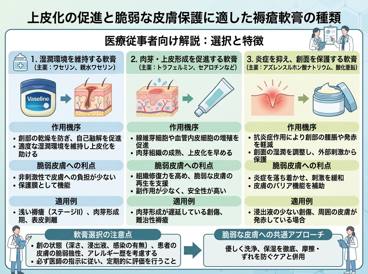 上皮化の促進と脆弱な皮膚保護に適した褥瘡軟膏の種類