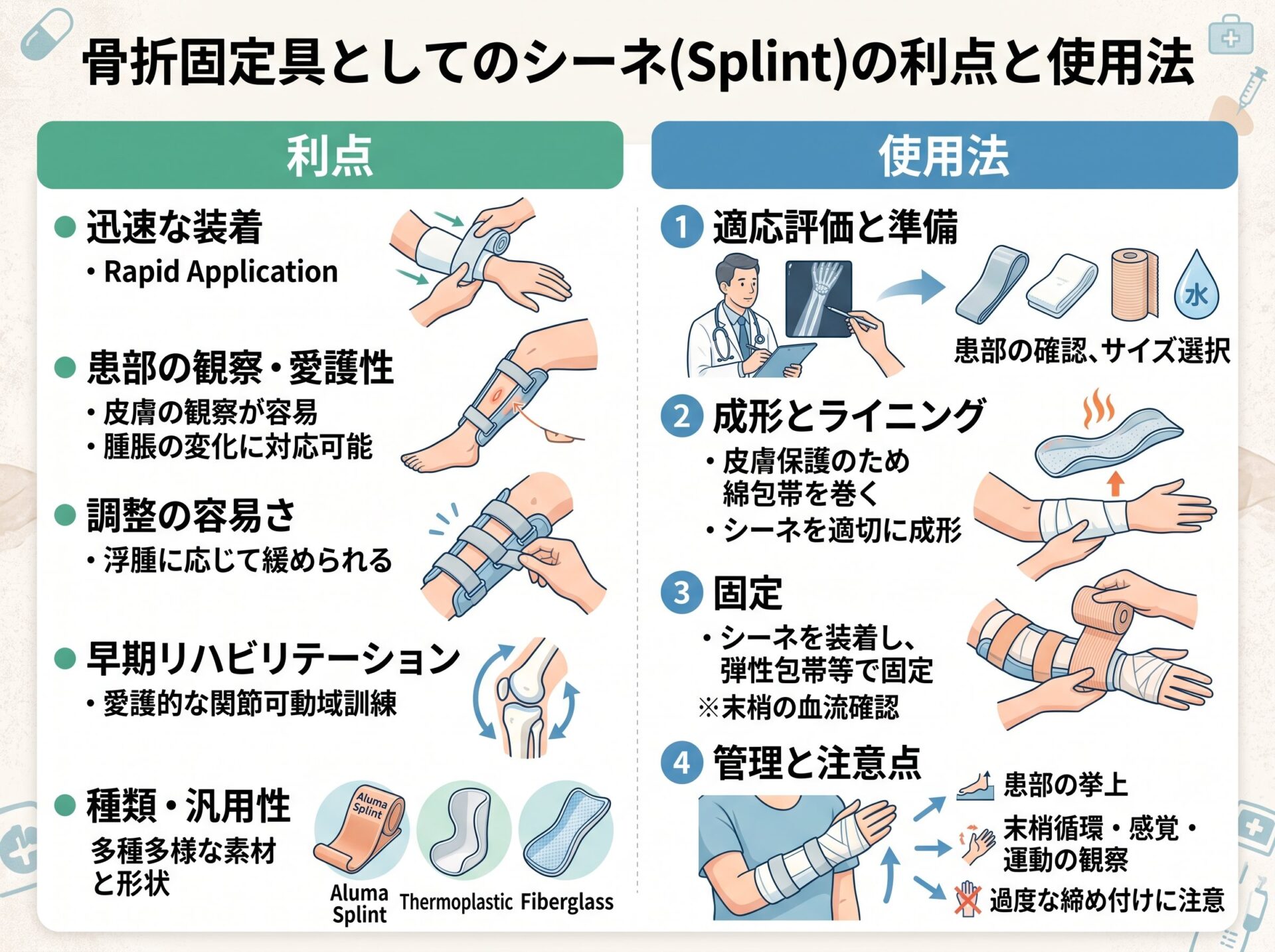 骨折の固定具としてのシーネの利点と使用法