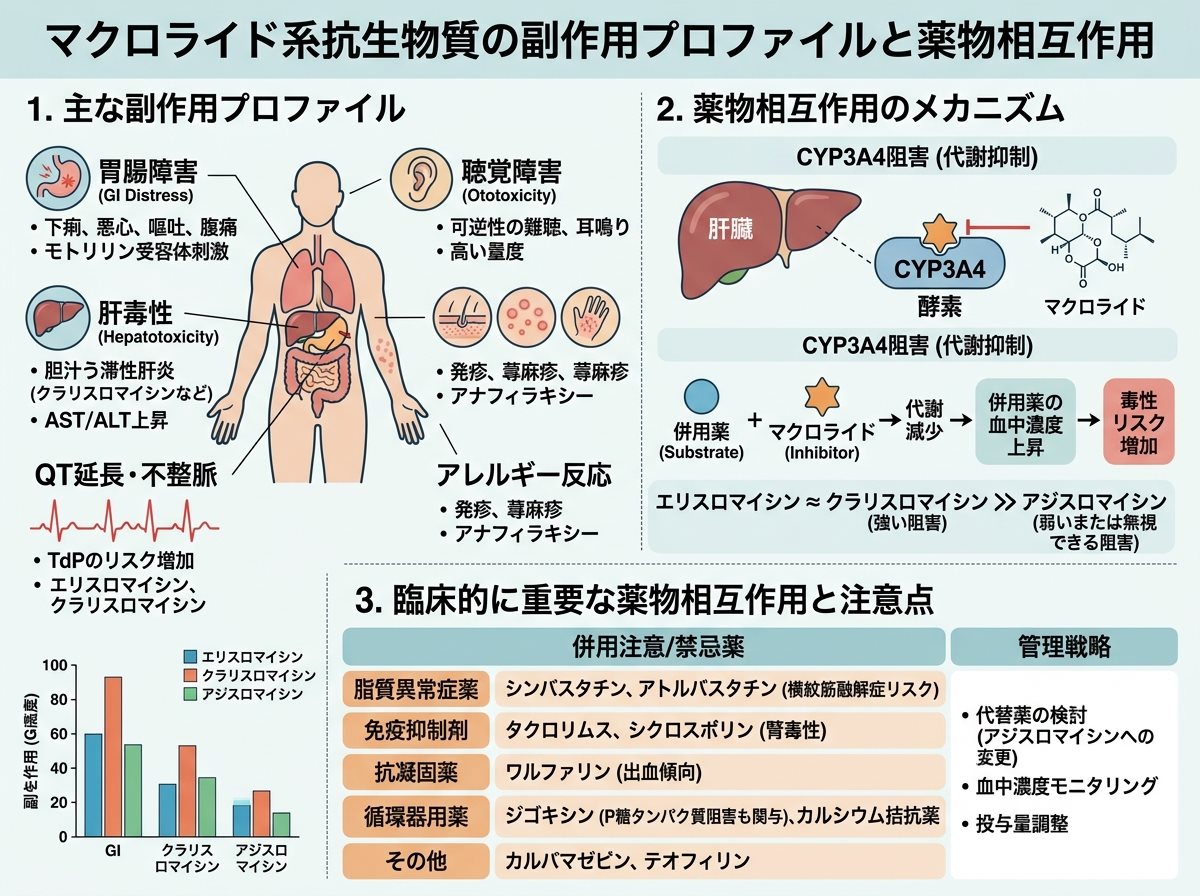 マクロライド系抗生物質の副作用プロファイルと薬物相互作用