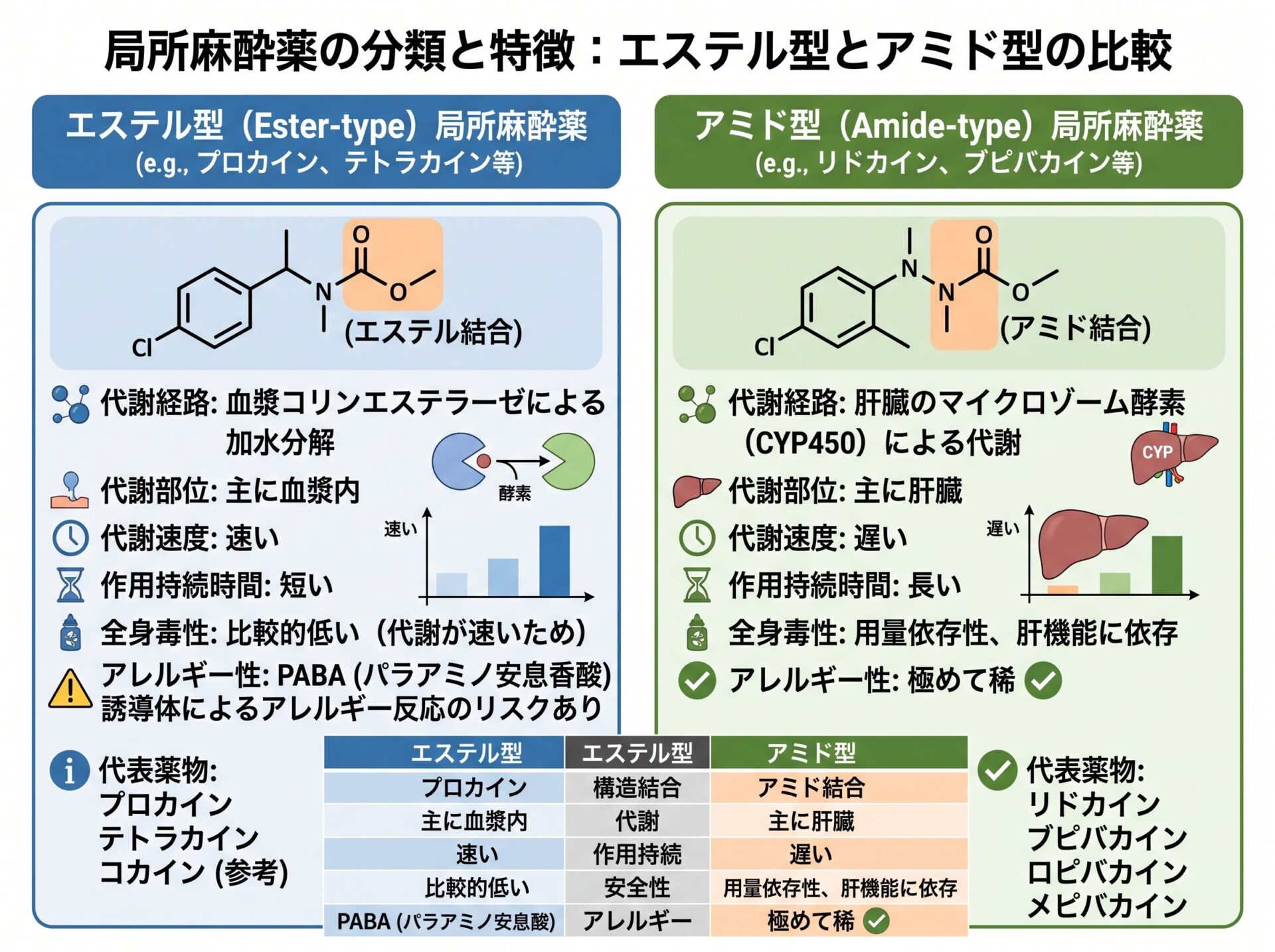 麻酔薬の局所麻酔薬:エステル型とアミド型の違い