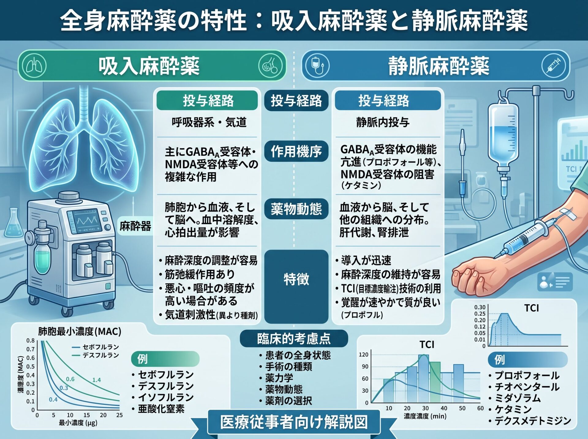 麻酔薬の全身麻酔薬:吸入麻酔薬と静脈麻酔薬の特性