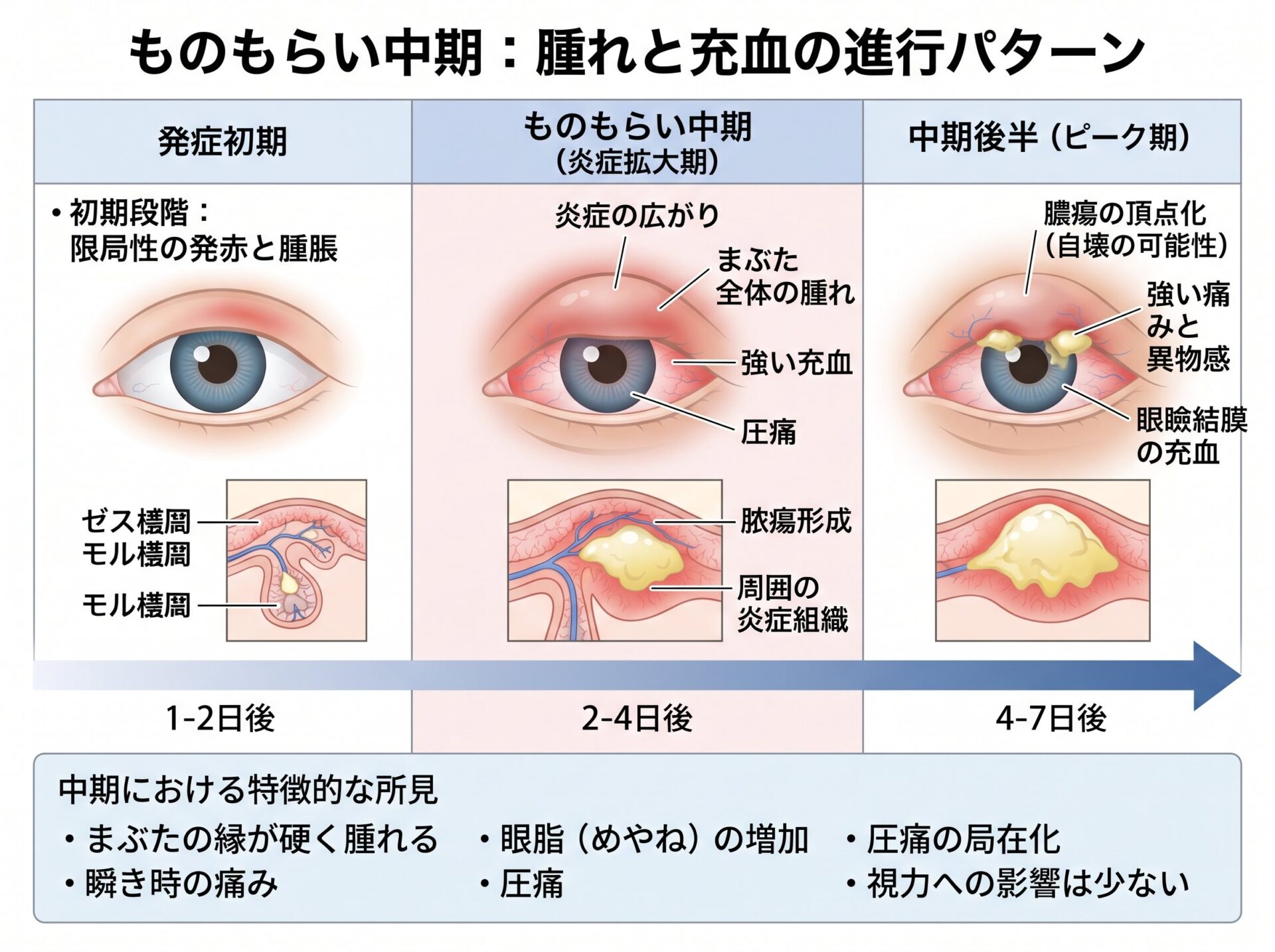 ものもらい中期:腫れと充血の進行パターン