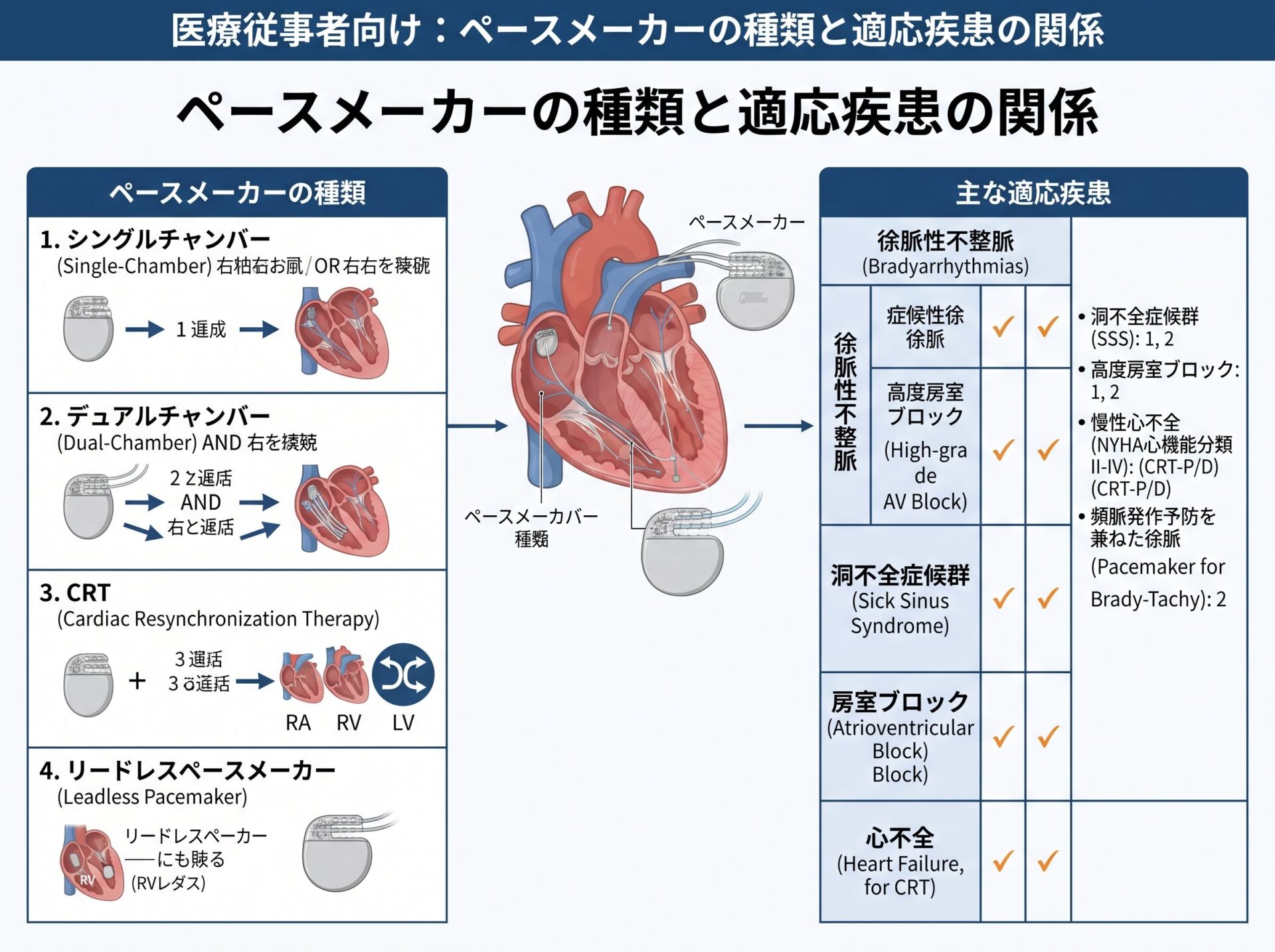 ペースメーカーの種類と適応疾患の関係