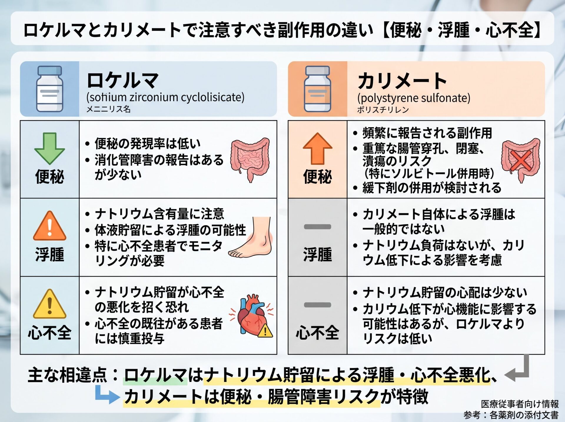 ロケルマとカリメートで注意すべき副作用の違い【便秘・浮腫・心不全】