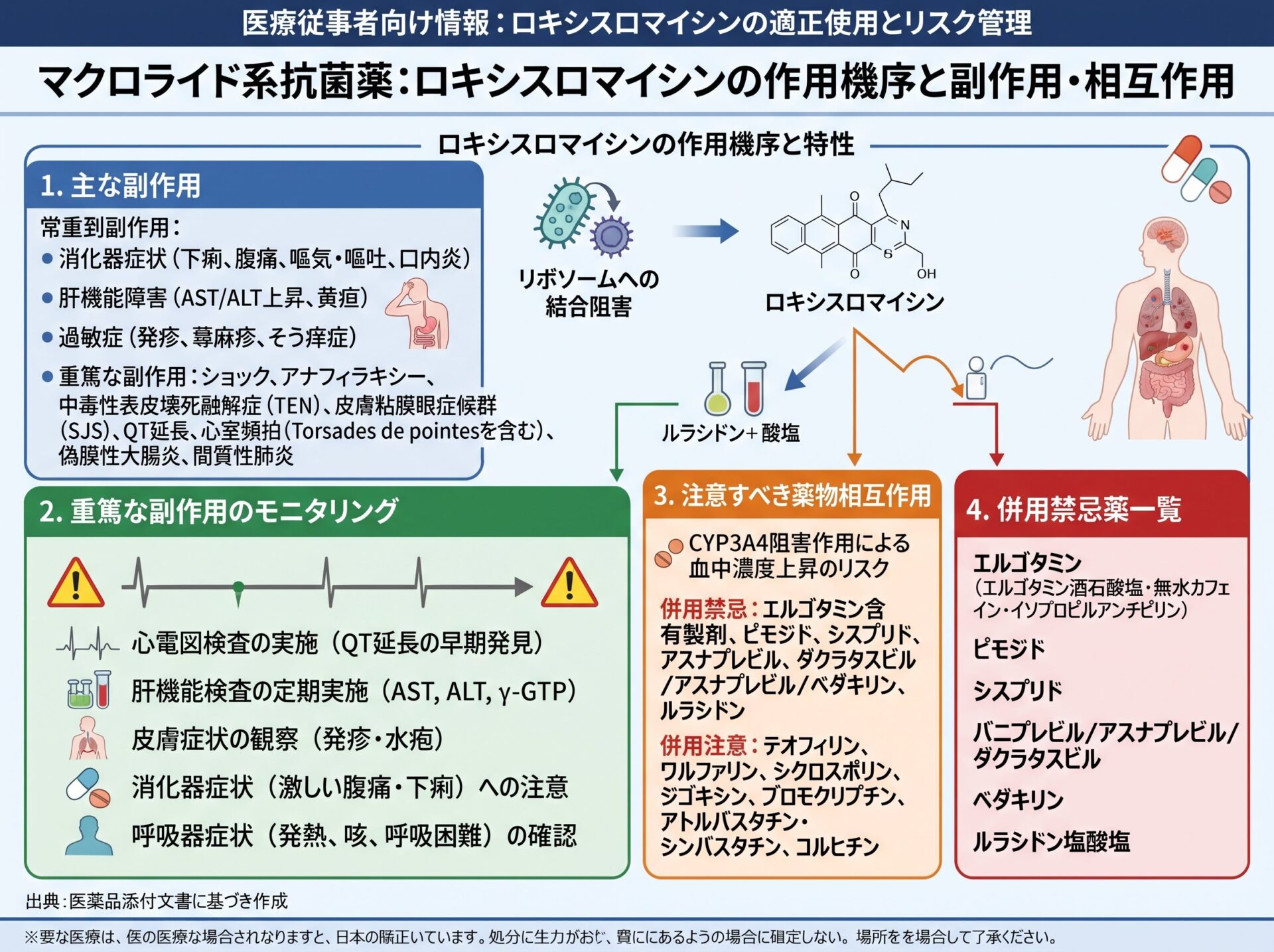 ロキシスロマイシンの強さに伴う副作用と注意すべき飲み合わせ