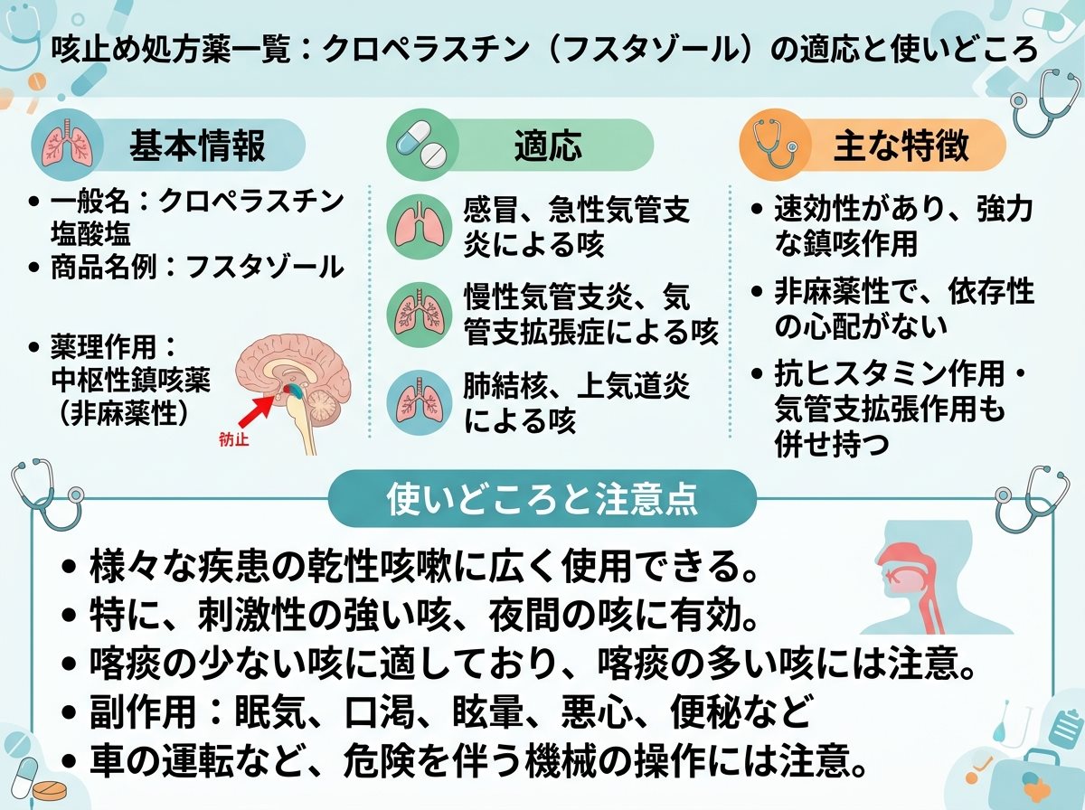 咳止め処方薬一覧：クロペラスチン（フスタゾール）の適応と使いどころ