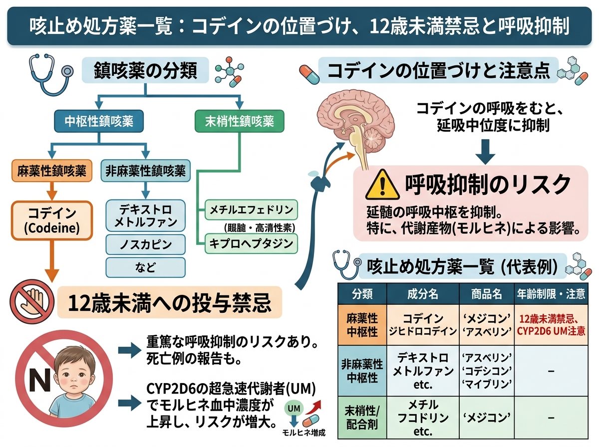 咳止め処方薬一覧：コデインの位置づけ、12歳未満禁忌と呼吸抑制
