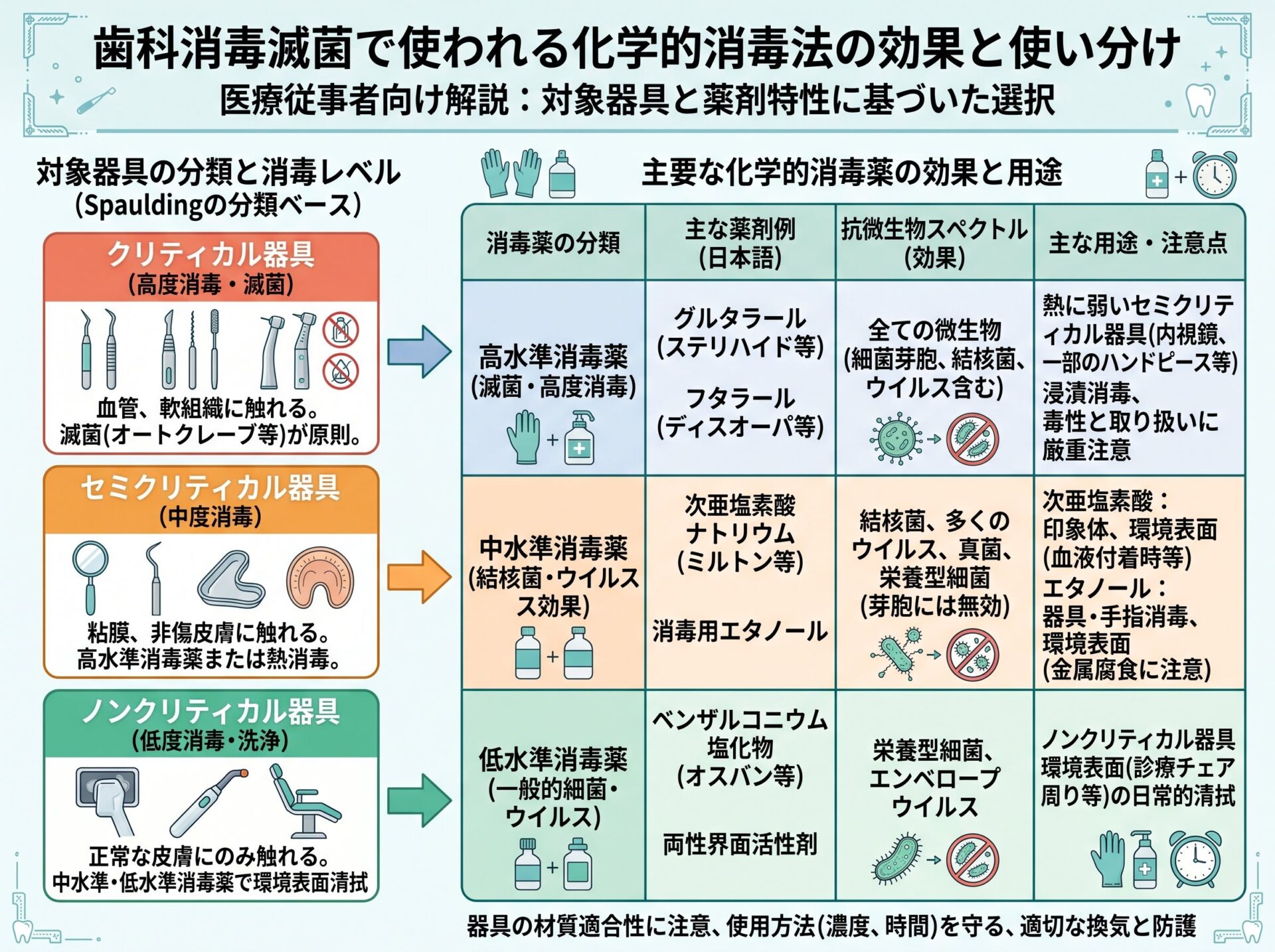 歯科消毒滅菌で使われる化学的消毒法の効果と使い分け