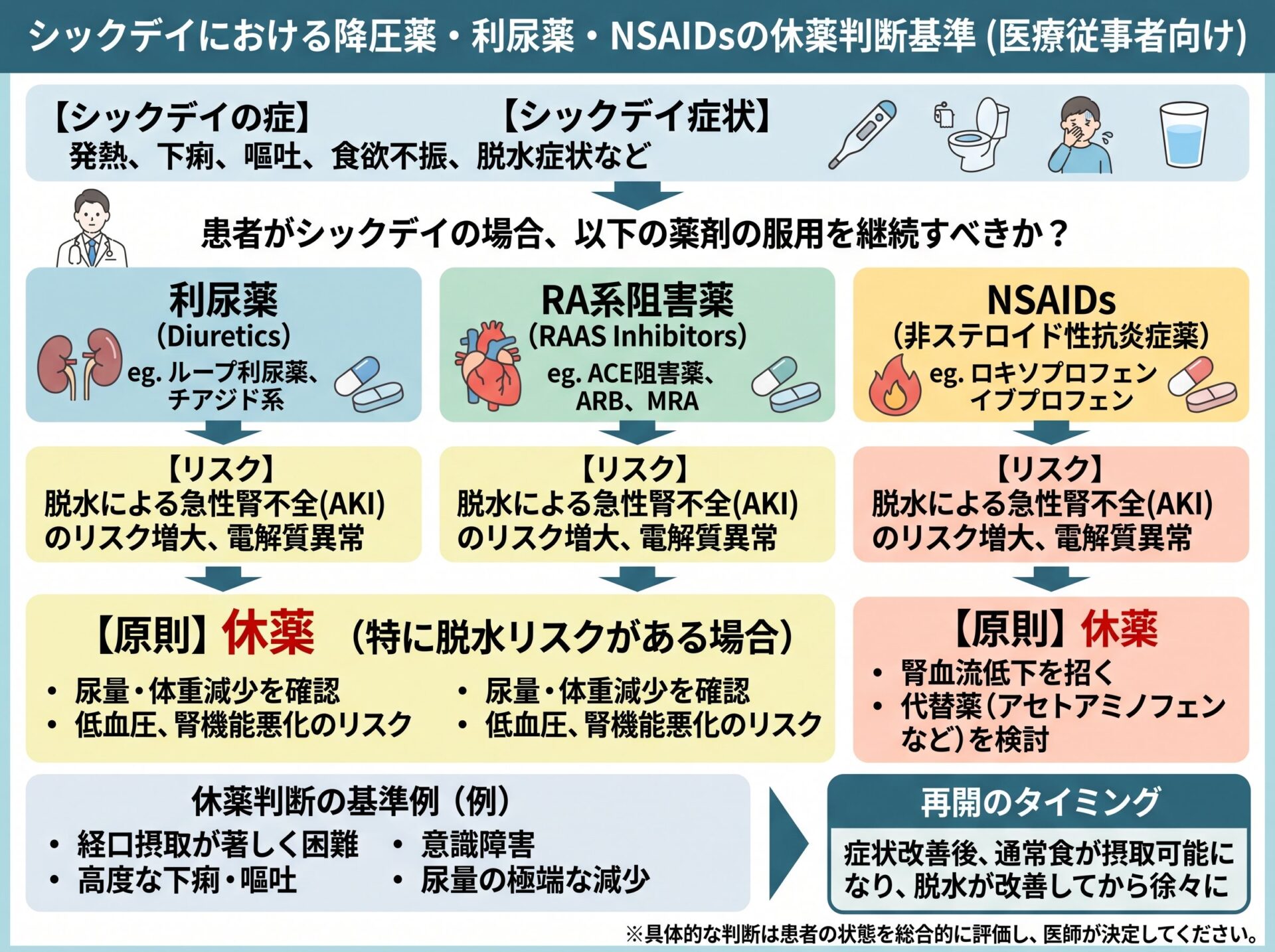 シックデイで注意すべき降圧薬・利尿薬・NSAIDsの休薬判断