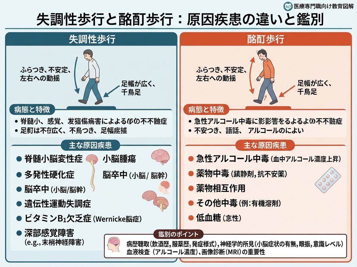 失調性歩行と酩酊歩行の原因疾患の違い