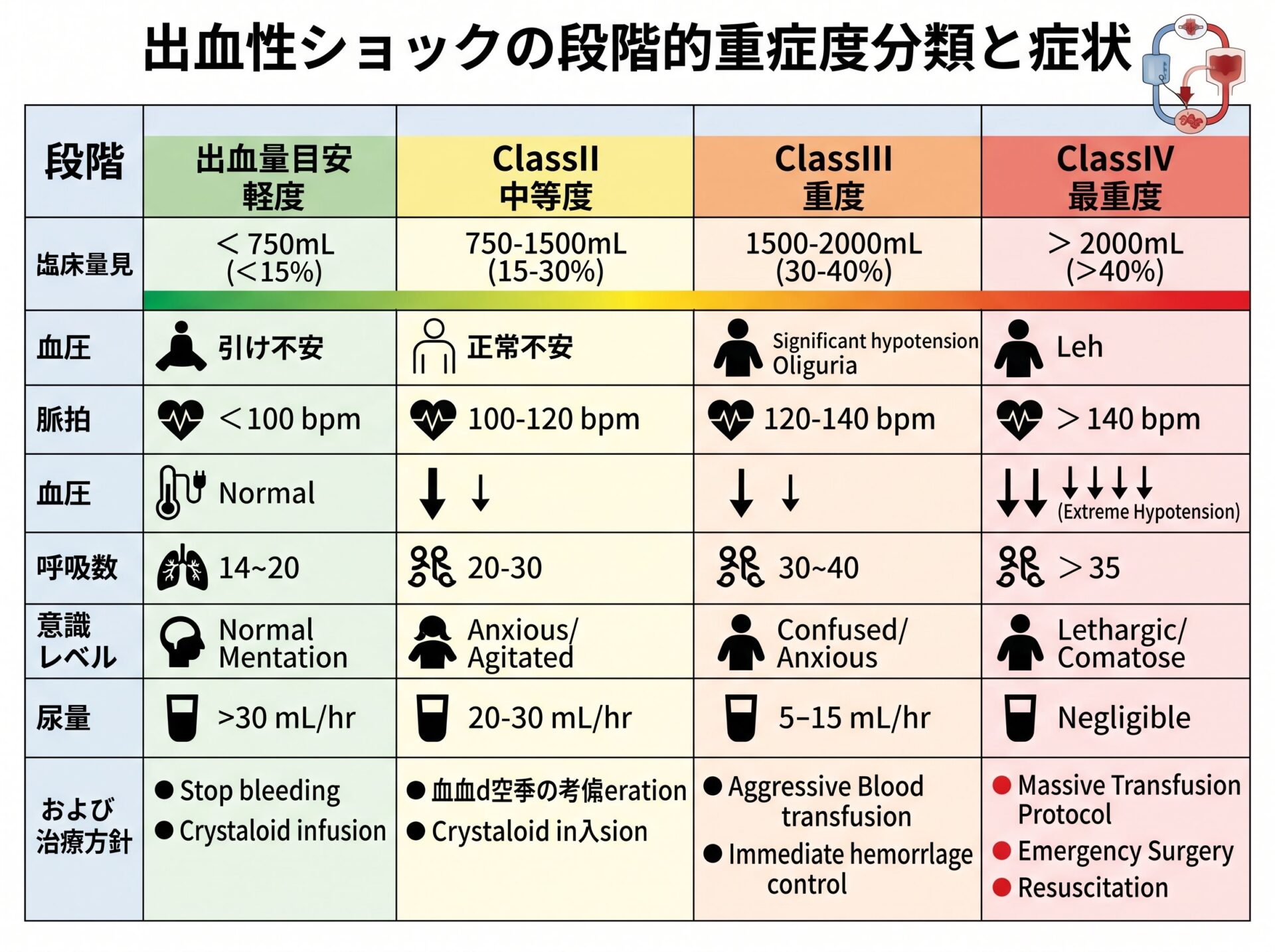 出血性ショックの段階的重症度分類と症状