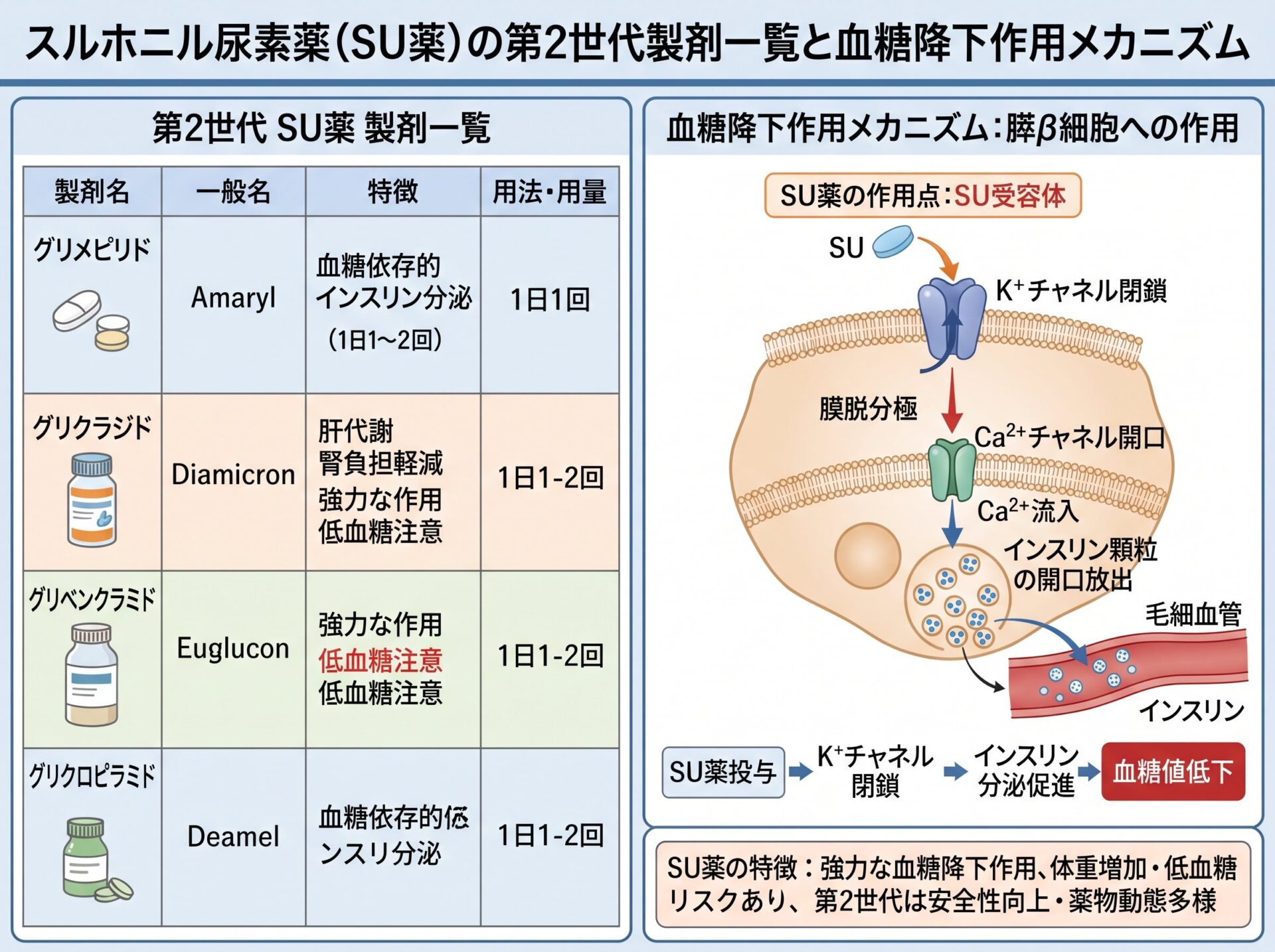 スルホニル尿素薬（SU）の第2世代製剤一覧と血糖降下作用