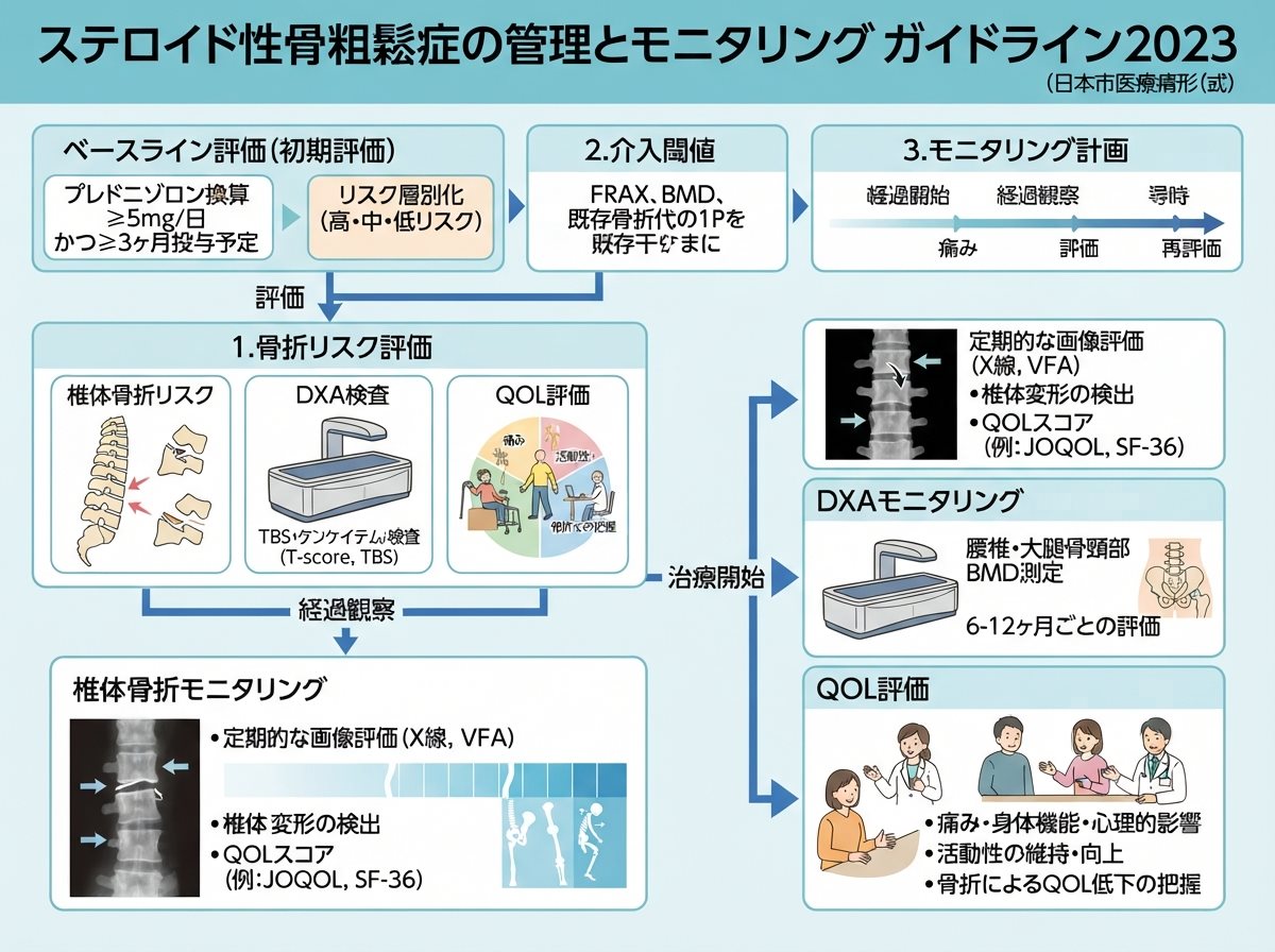 ステロイド性骨粗鬆症 ガイドライン 2023の検査とモニタリング（椎体骨折・DXA・QOL）