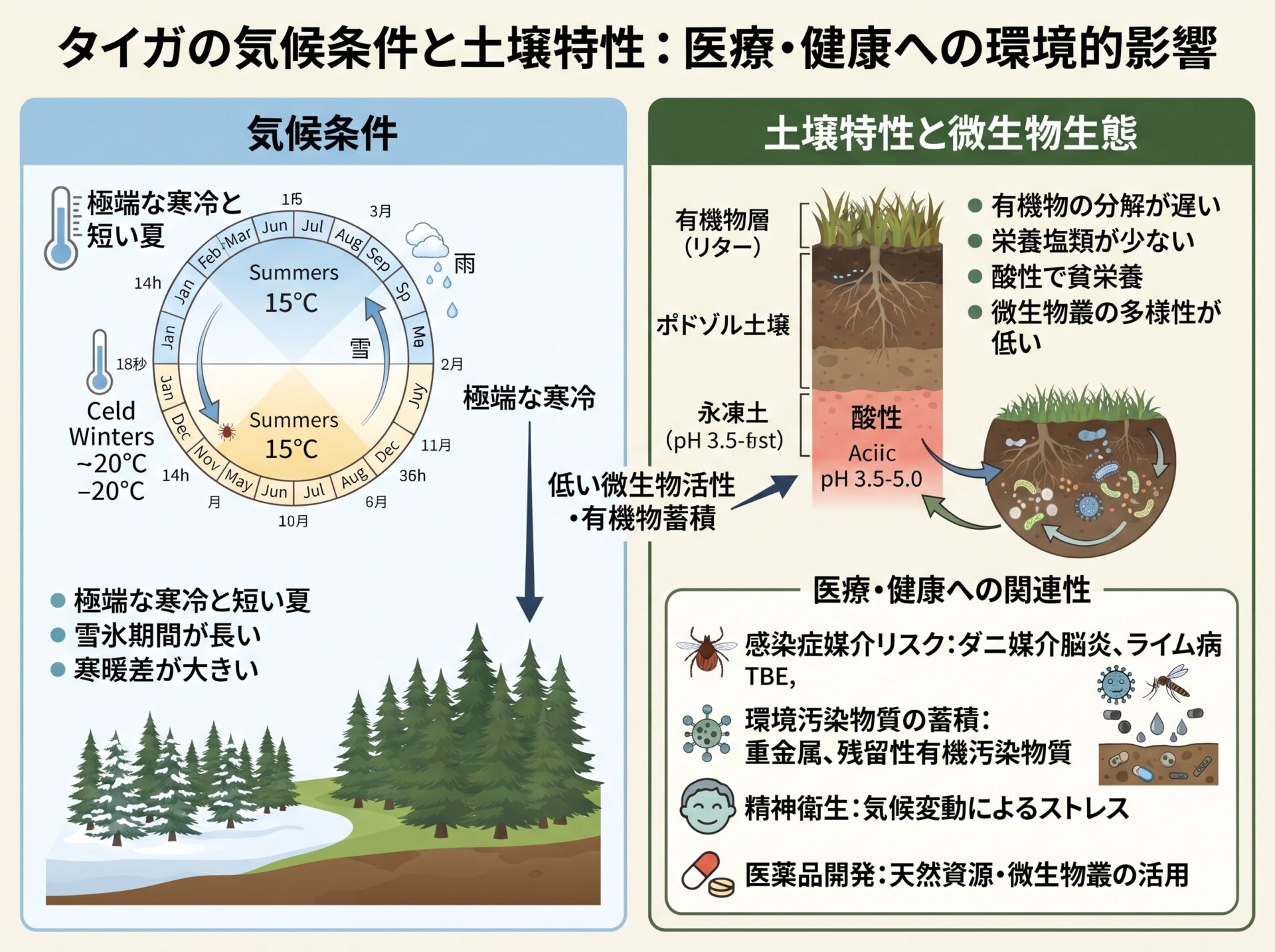 タイガの気候条件と土壌特性