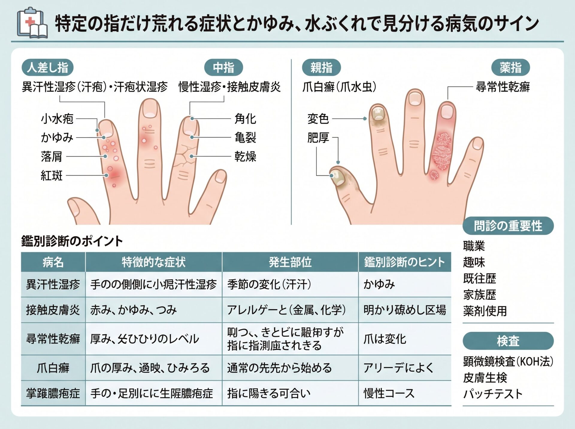 特定の指だけ荒れる症状とかゆみ、水ぶくれで見分ける病気のサイン